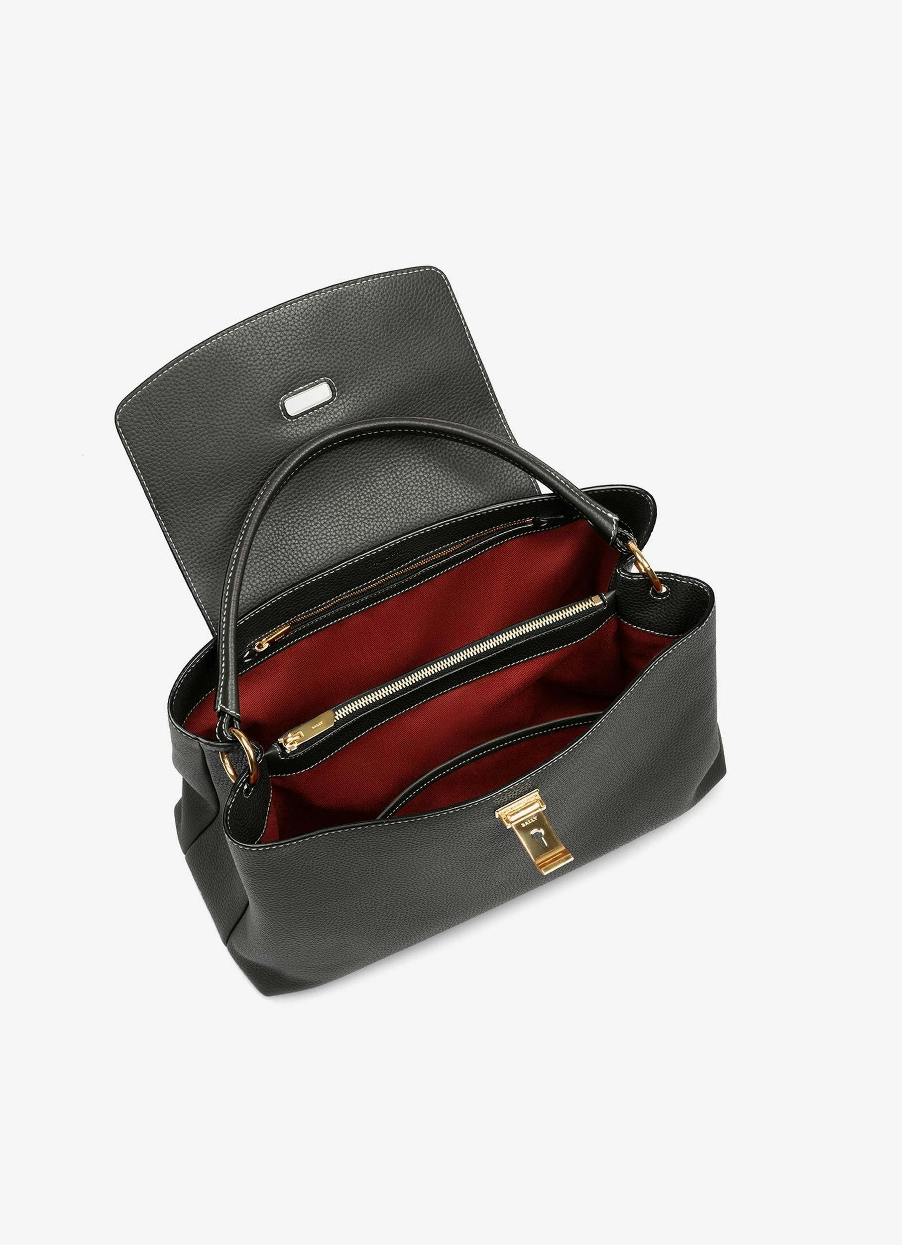 Women's Lock Me Top Handle Bag In Black Leather | Bally | Still Life Open / Inside