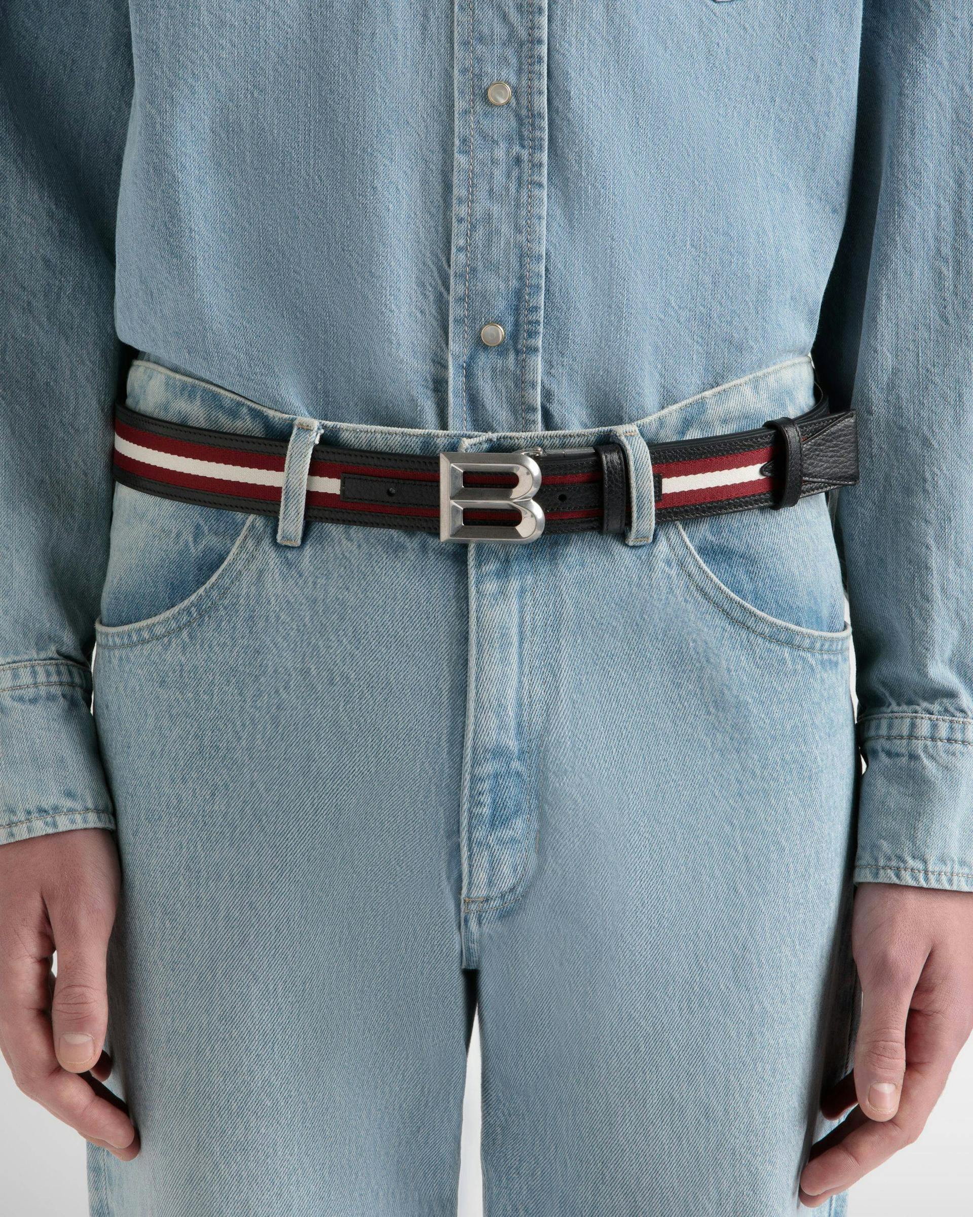 Men's B Bold 35mm Reversible Belt in Red White Red Fabric And Leather | Bally | On Model Front