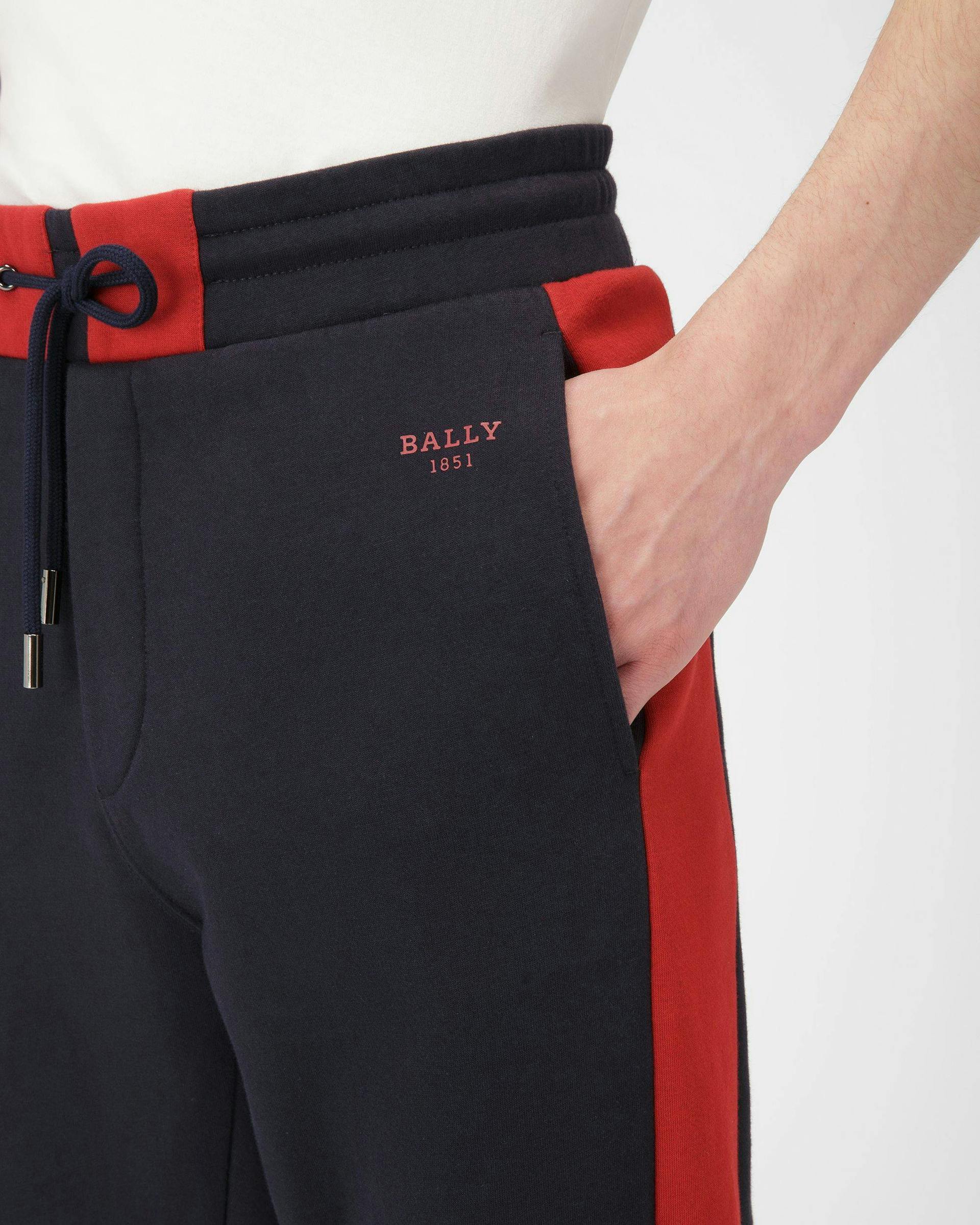Contrast Stripe Cotton Sweatpants In Navy And Bally Red - Men's - Bally - 04