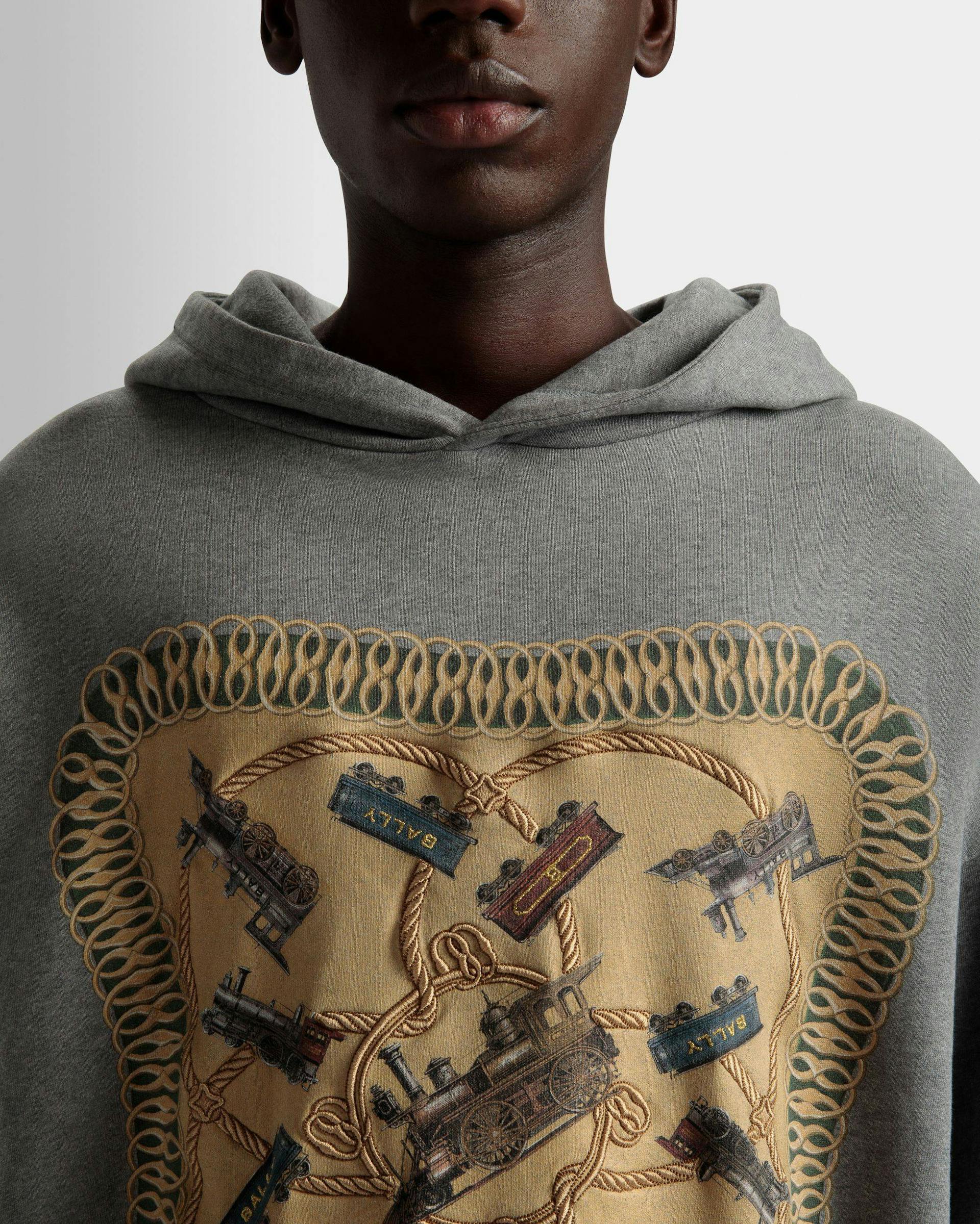 Train Print Hooded Sweatshirt In Gray Melange Cotton - Men's - Bally - 04