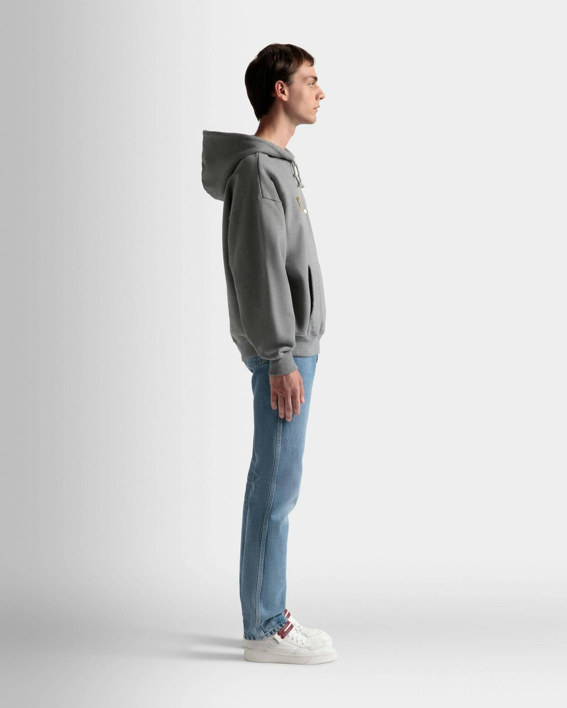 Men's Logo Hooded Sweatshirt In Grey Melange Cotton | Bally | On Model 3/4 Front