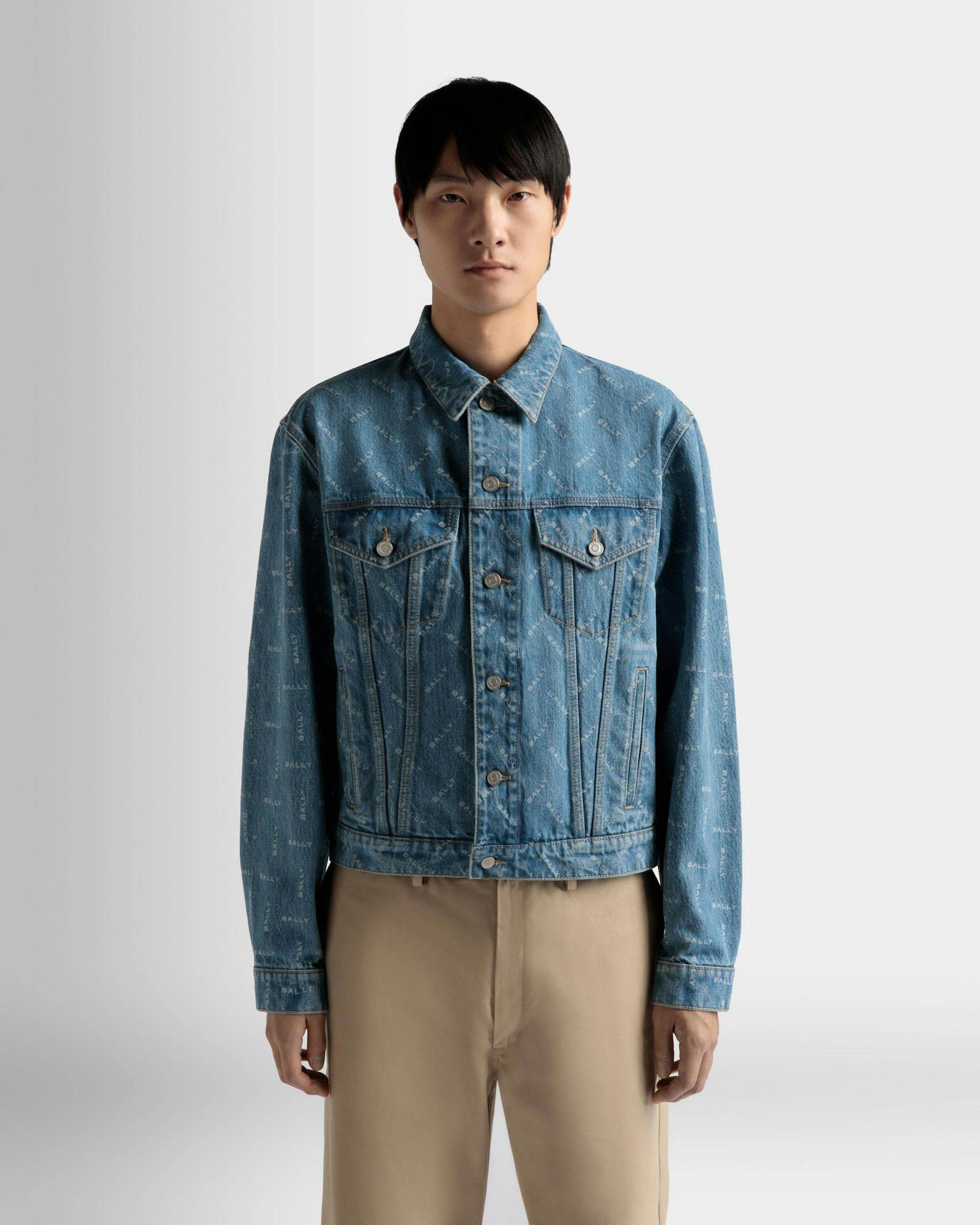 Men's Denim Jacket In Light Blue Cotton | Bally | On Model Close Up