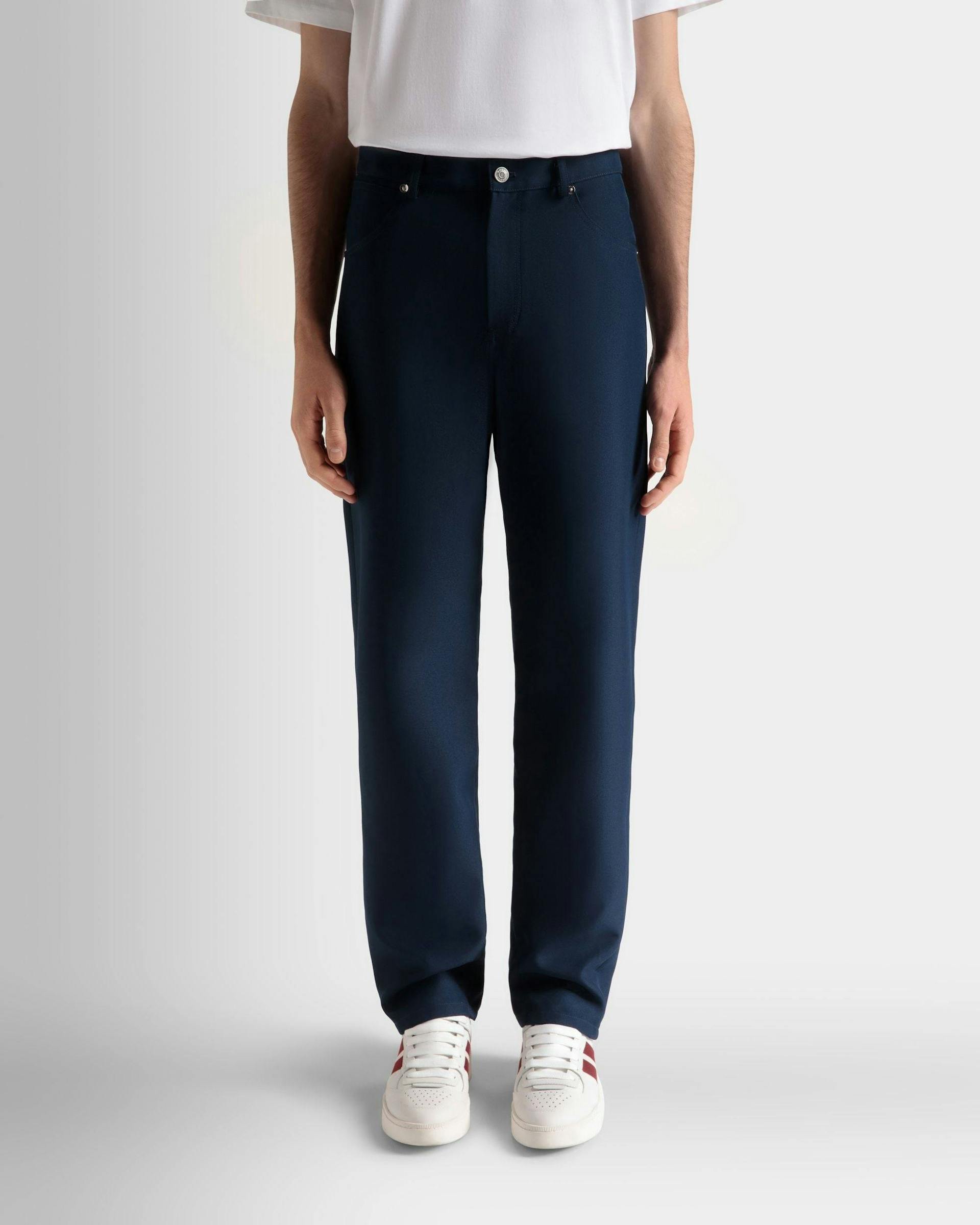 Men's Pants In Dark Blue Synthetic Fabric | Bally | On Model Close Up