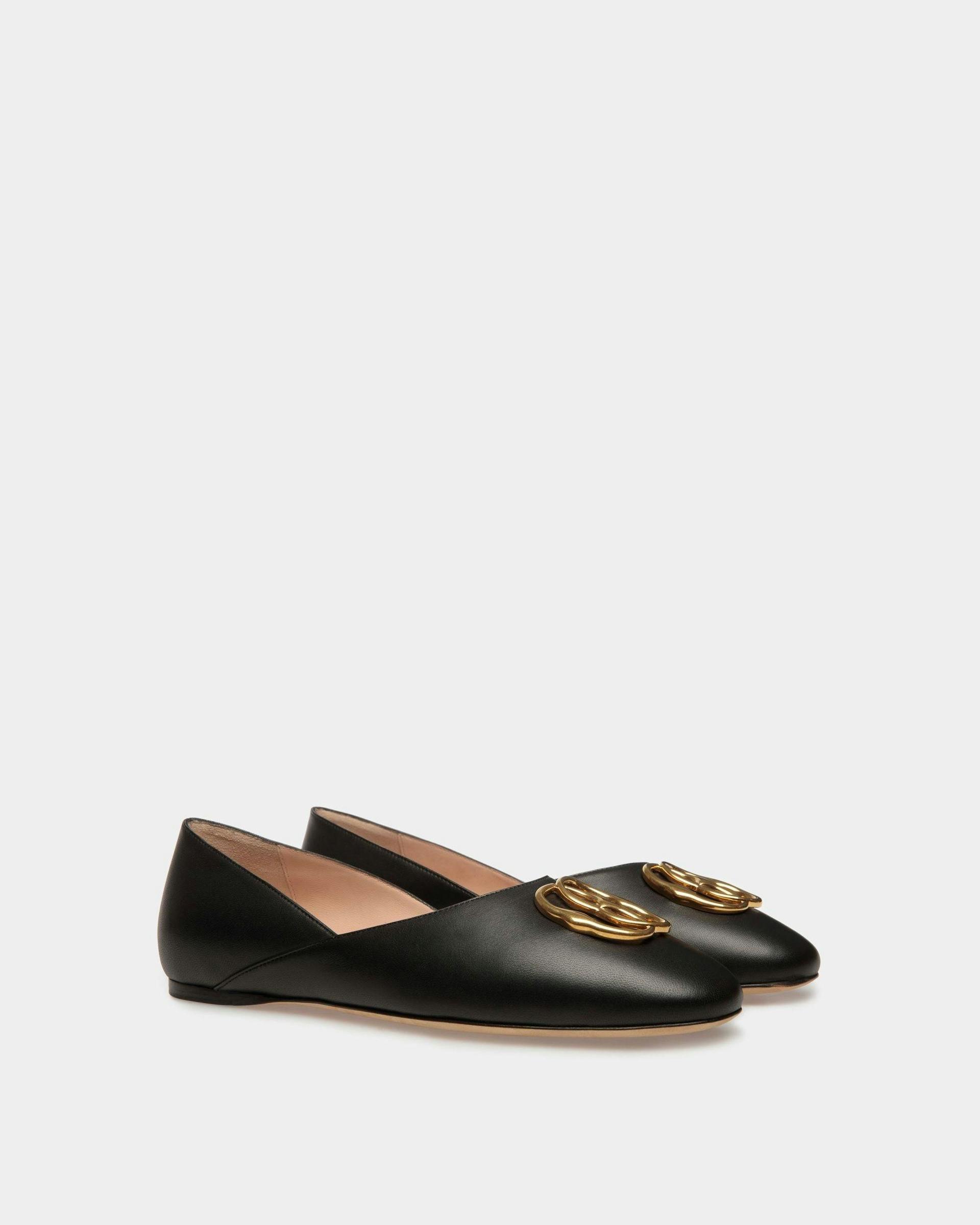 Emblem Slippers In Black Leather - Women's - Bally - 02