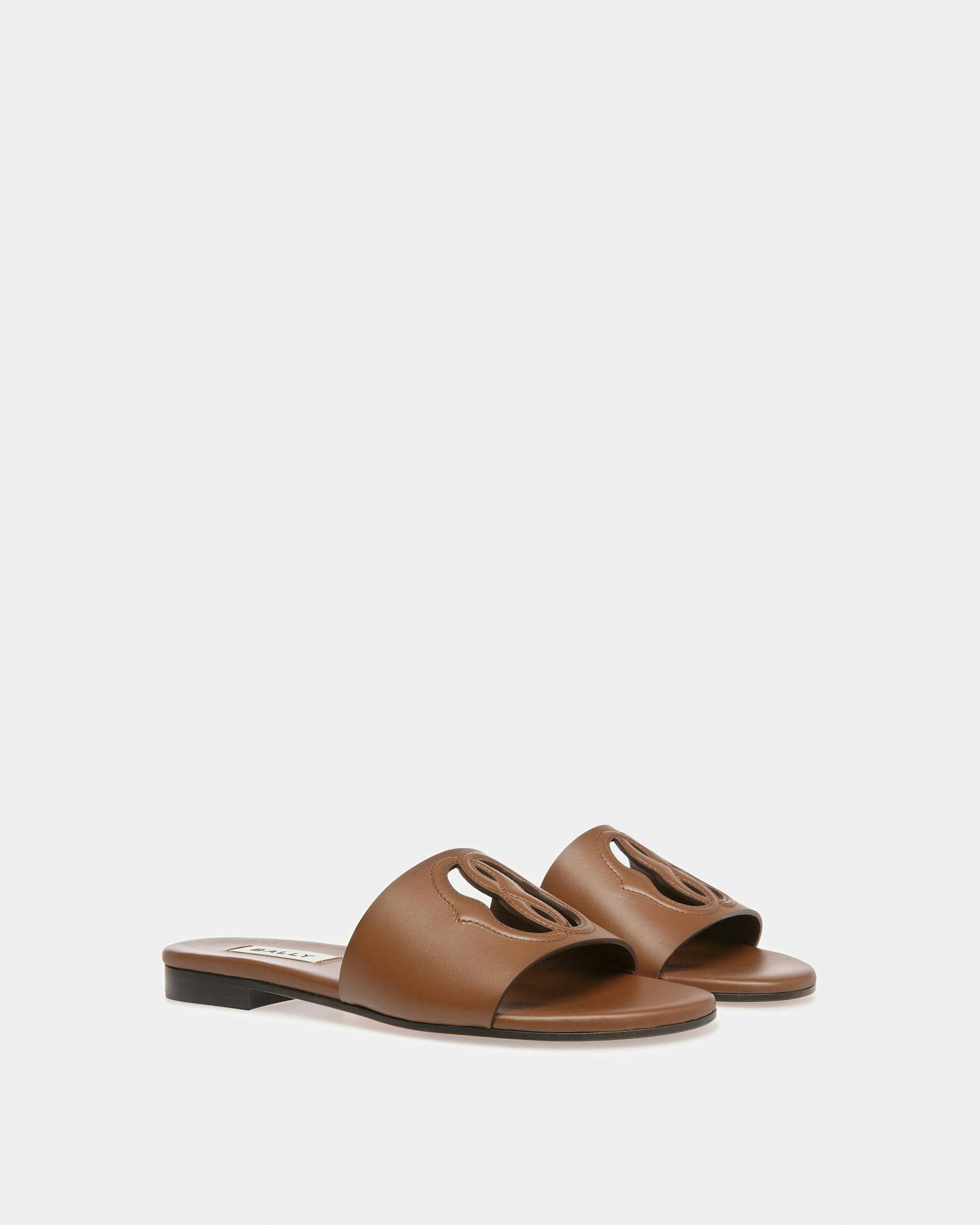Emblem Slides In Brown Leather - Women's - Bally - 02