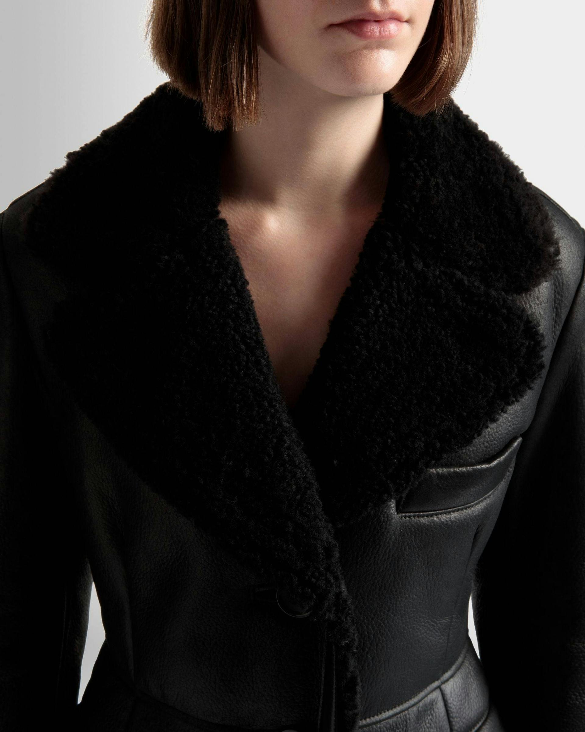 Women's Wool-lined Coat In Black Leather | Bally | On Model Detail