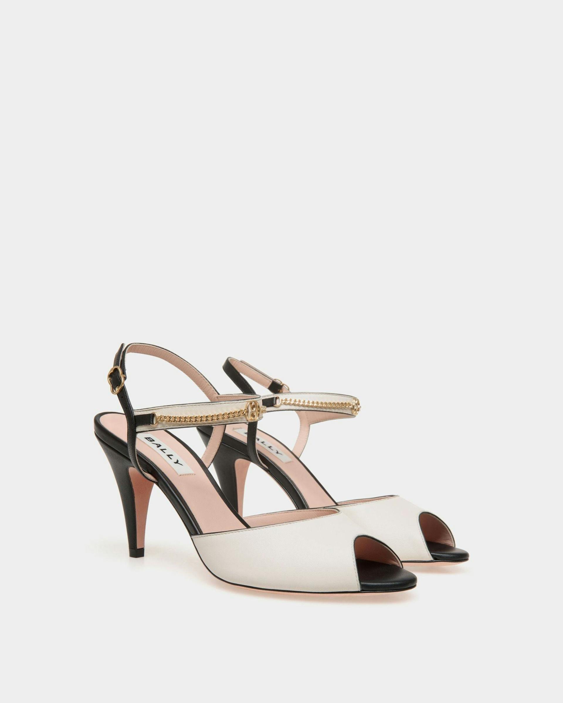 Women's Daily Emblem Heeled Sandal in Black and White Leather | Bally | Still Life 3/4 Front