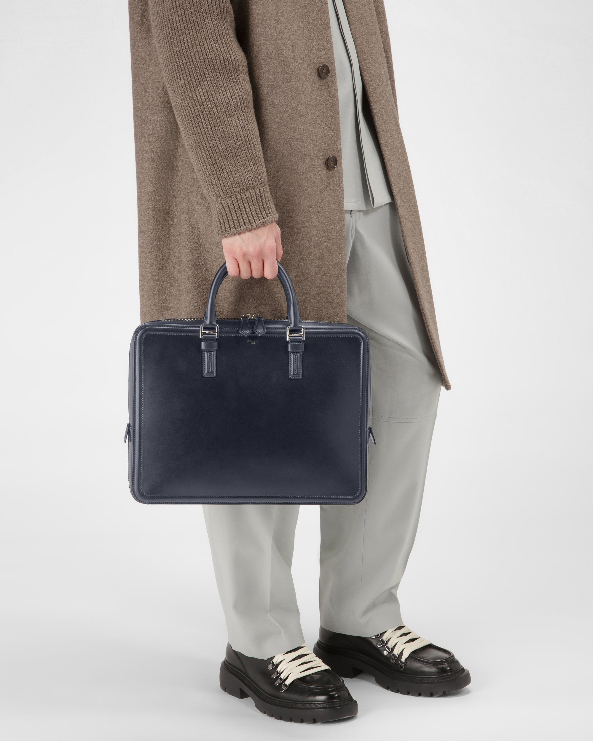Sergy Leather Business Bag In Navy - Men's - Bally - 02
