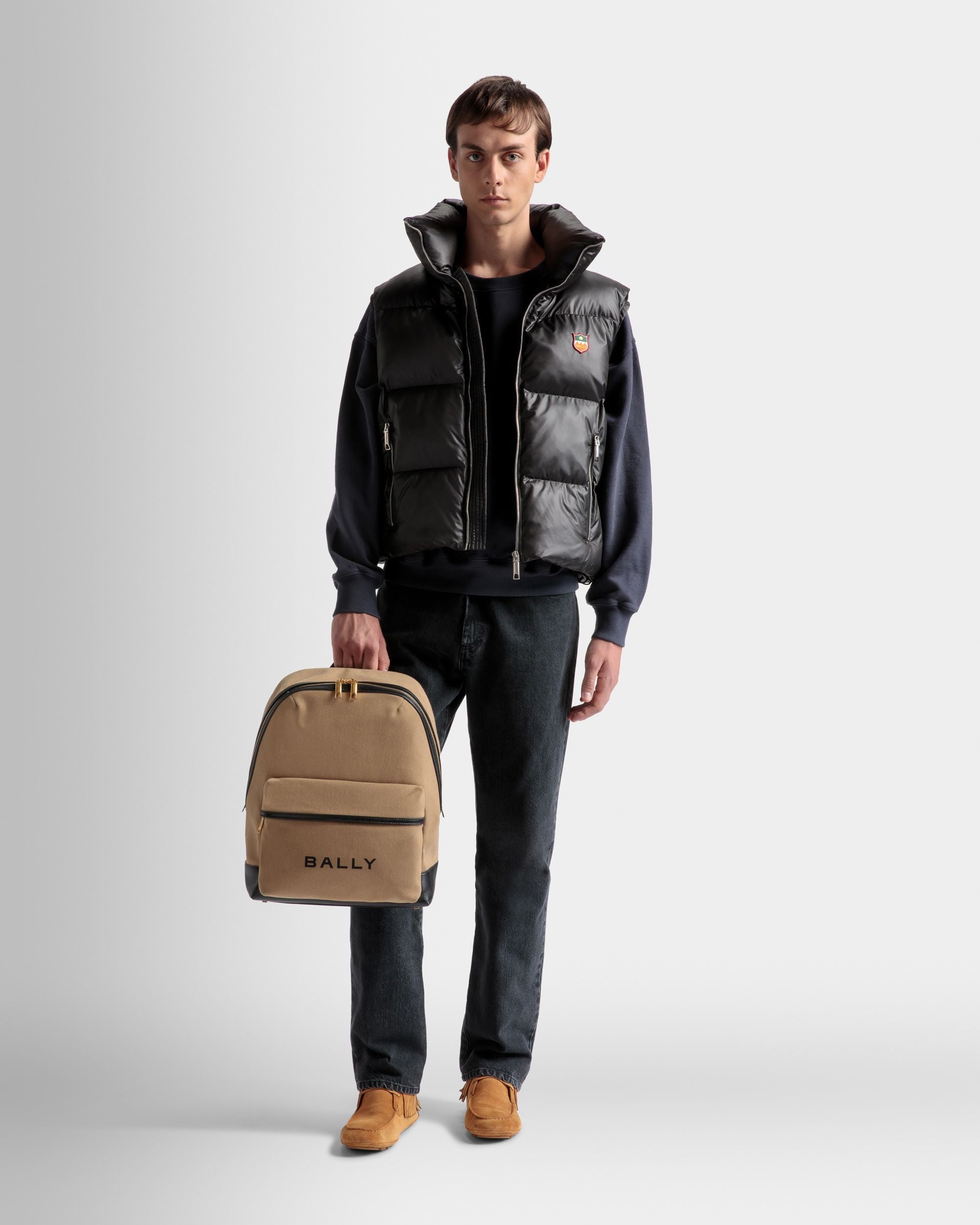 Bar Backpack In Sand And Black Fabric And Leather - Men's - Bally - 02