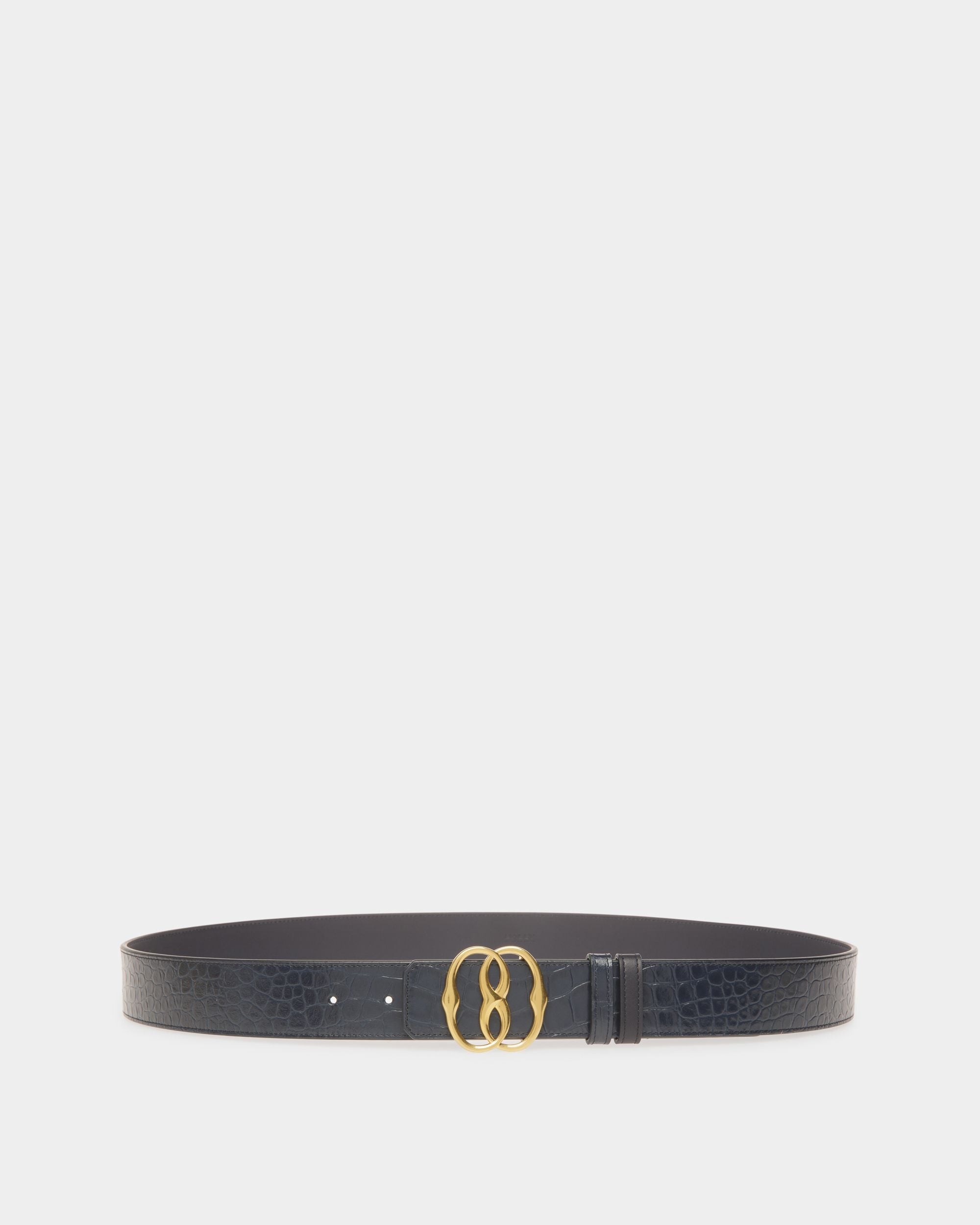 Emblem 35mm Reversible Belt In Dark Blue Crocodile Print Leather - Men's - Bally - 01