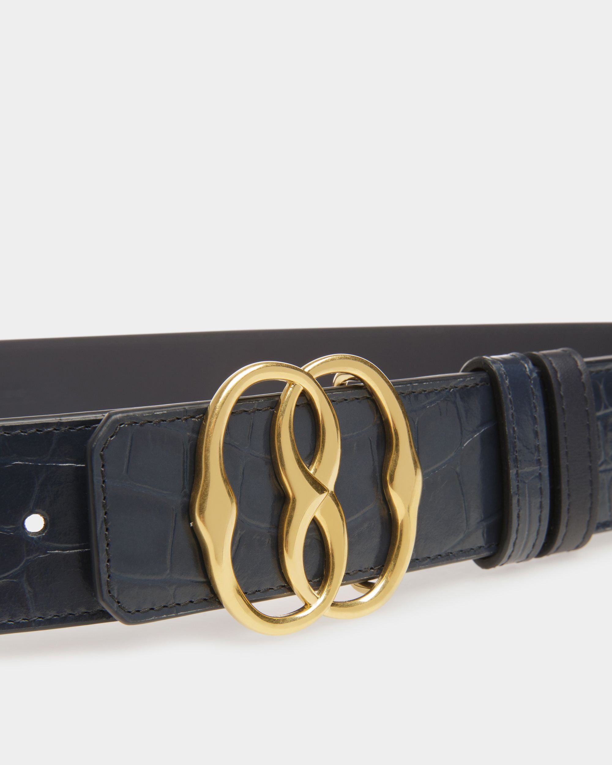 Emblem 35mm Reversible Belt In Dark Blue Crocodile Print Leather - Men's - Bally - 03