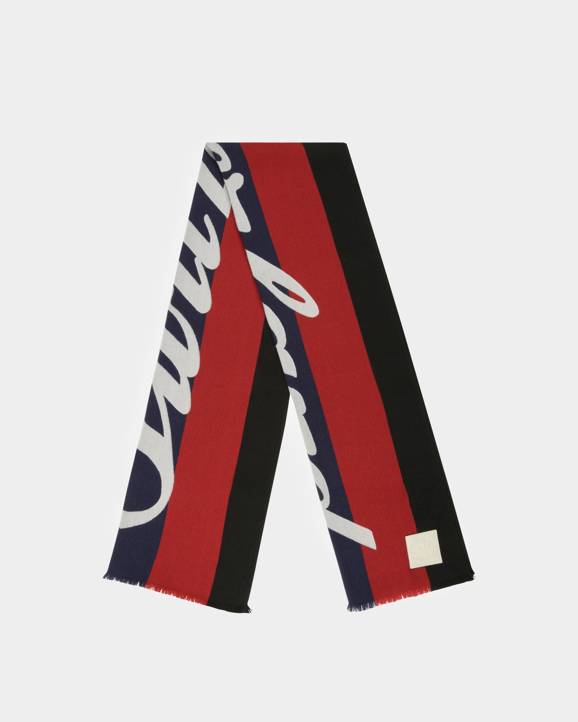 Wool Jacquard Scarf In Red & Navy - Men's - Bally - 01