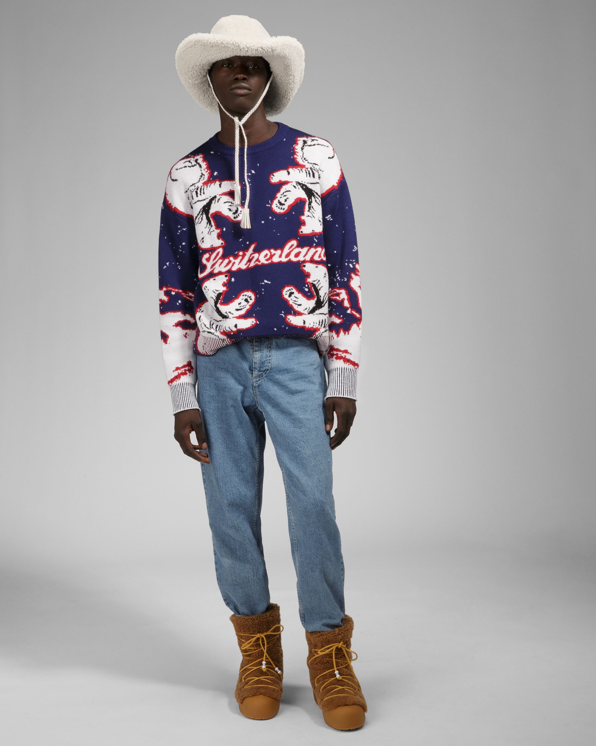 Merino Wool Crew Neck In Navy & Bone - Men's - Bally - 02