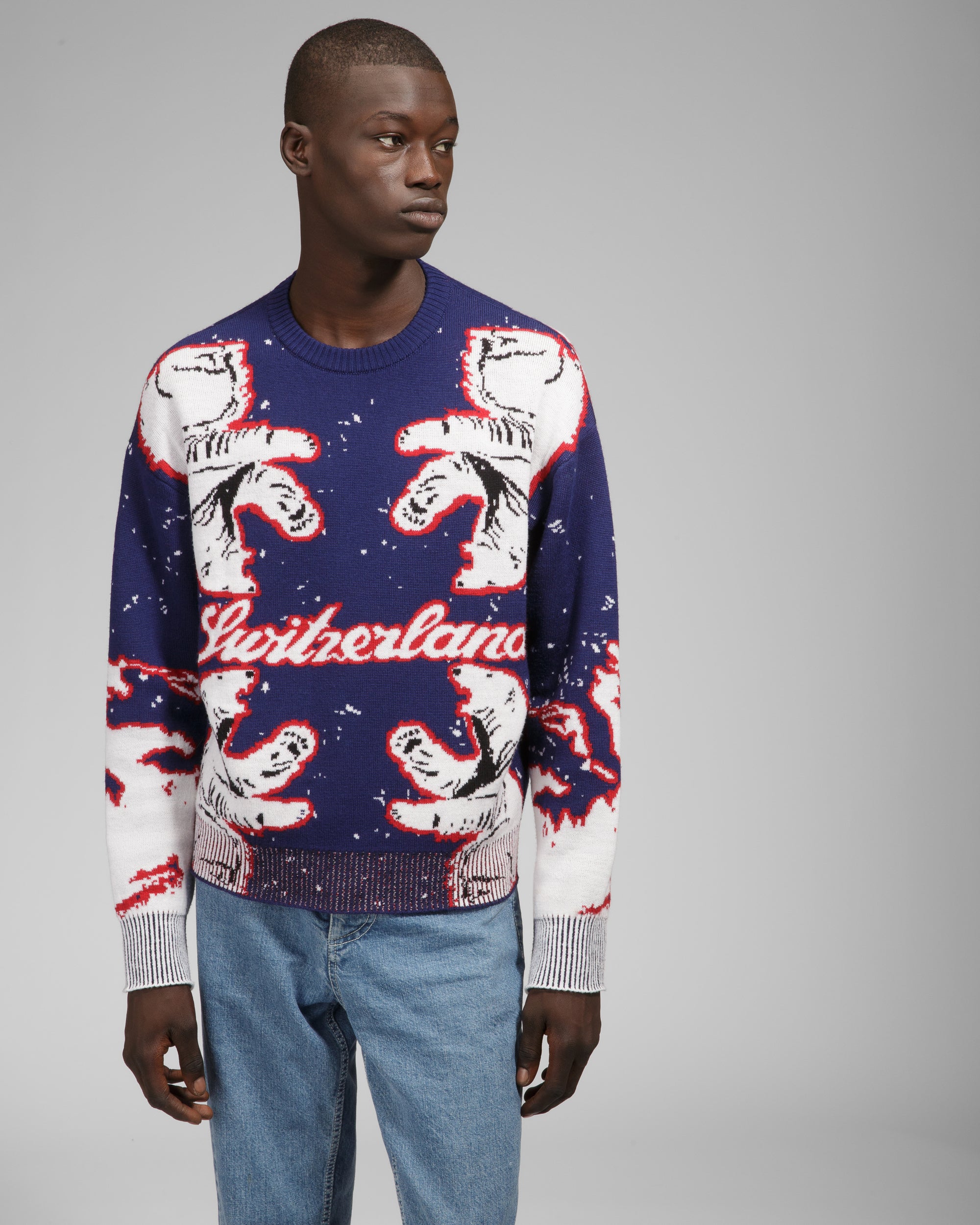 Merino Wool Crew Neck In Navy & Bone - Men's - Bally - 03