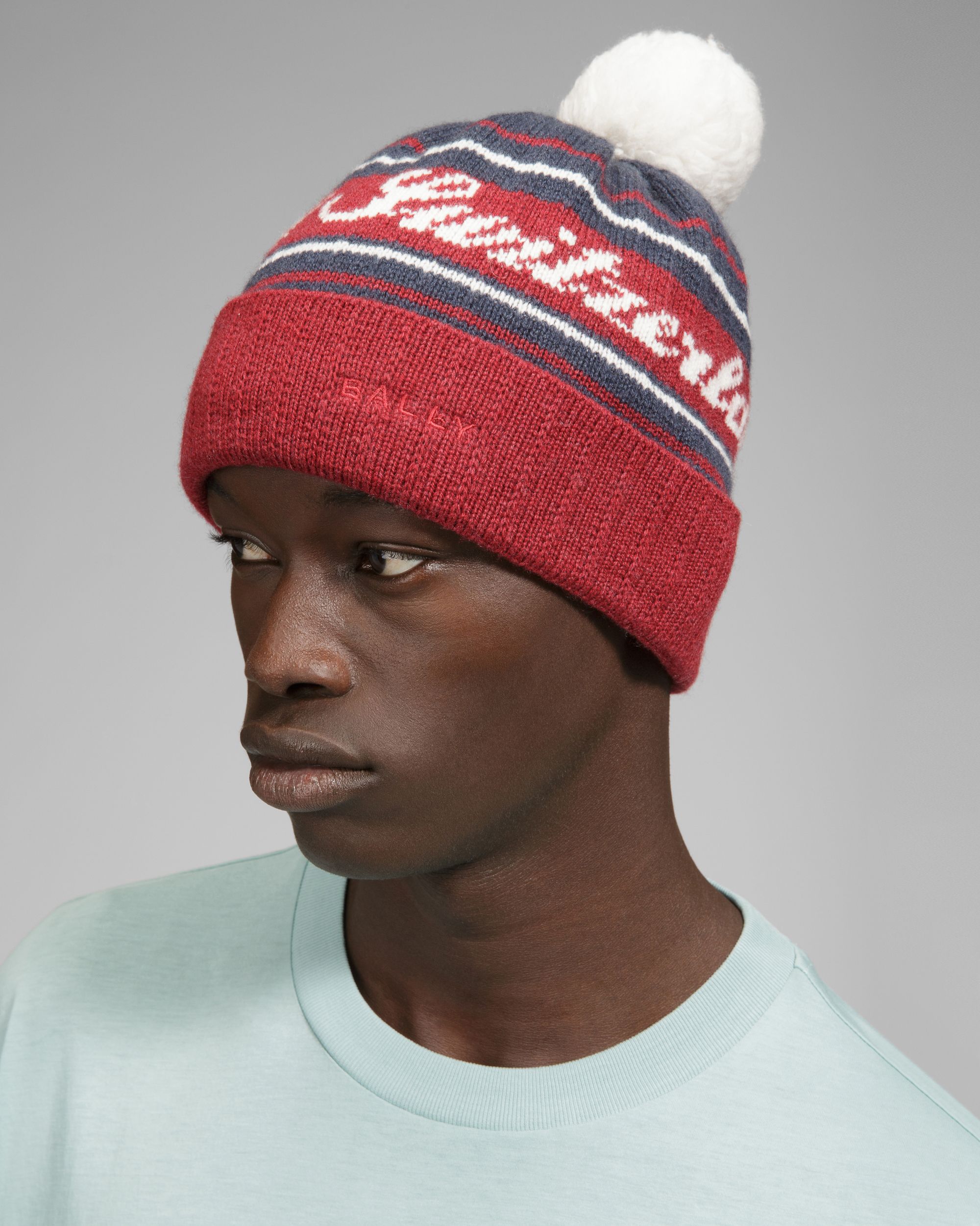 Wool Jacquard Hat In Red & Navy - Men's - Bally - 09