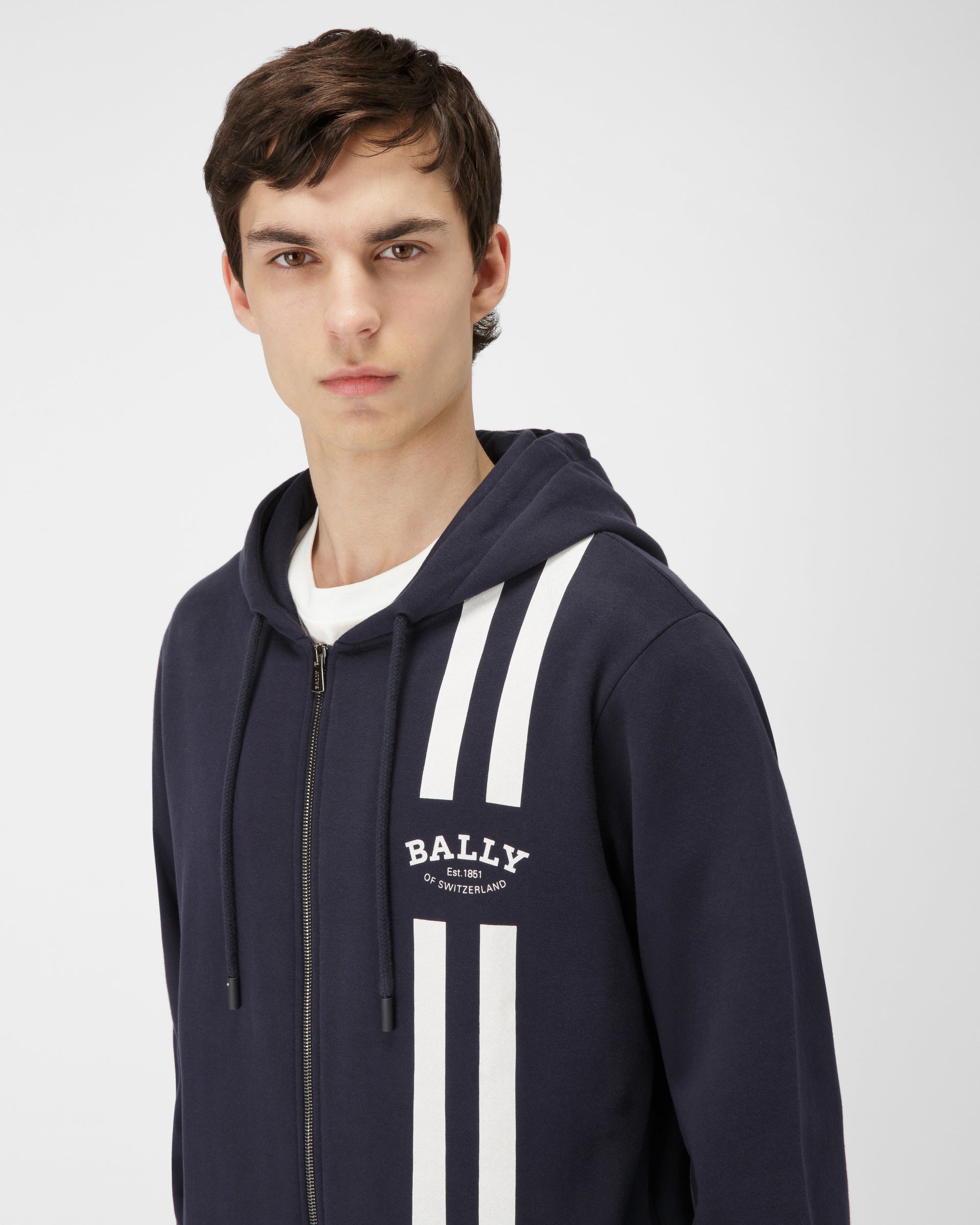 Bally Stripe Hoodie Cotton Sweatshirt In Navy - Men's - Bally - 04