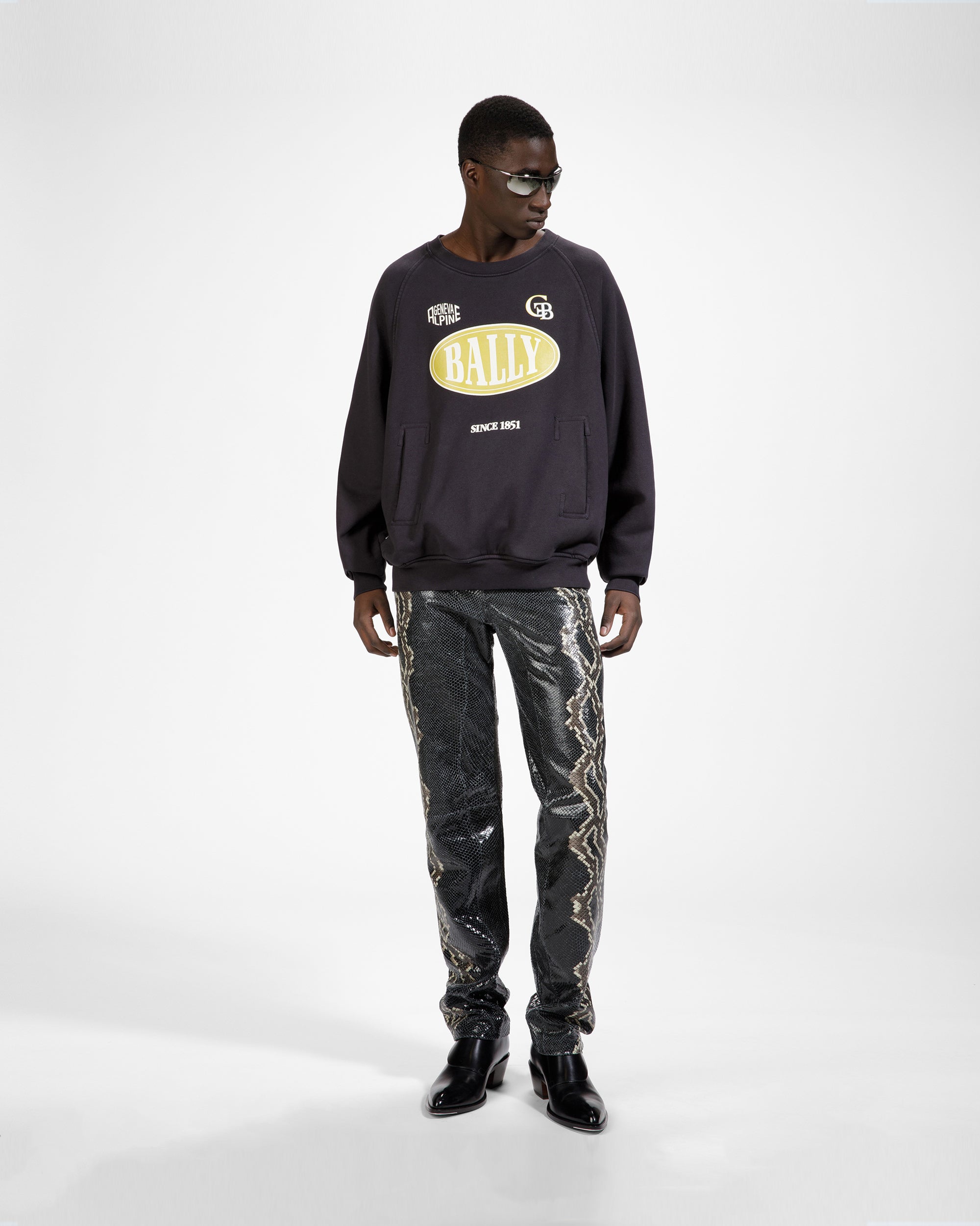 Cotton Printed Crew Neck Sweatshirt In Black - Men's - Bally - 01