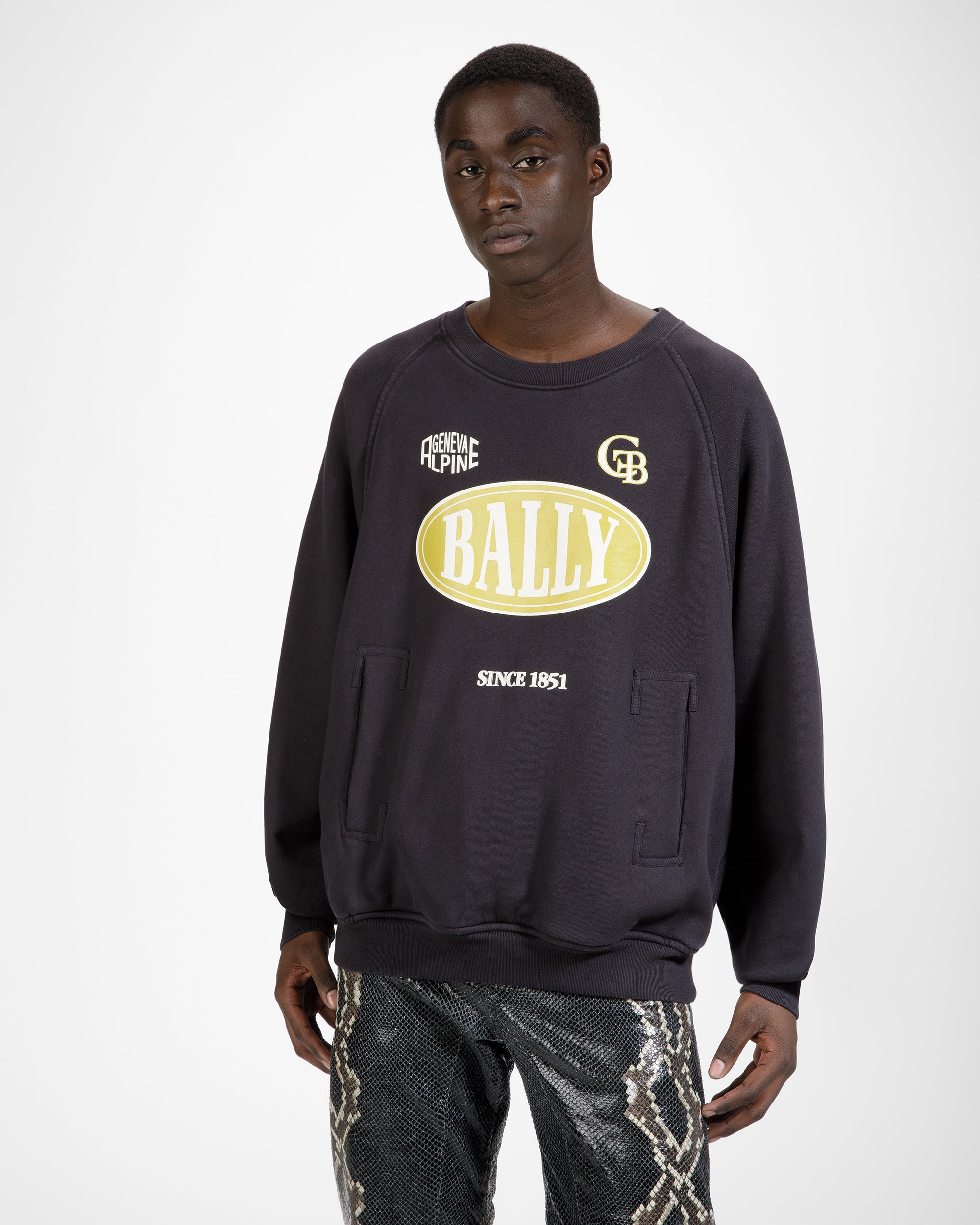 Cotton Printed Crew Neck Sweatshirt In Black - Men's - Bally - 02
