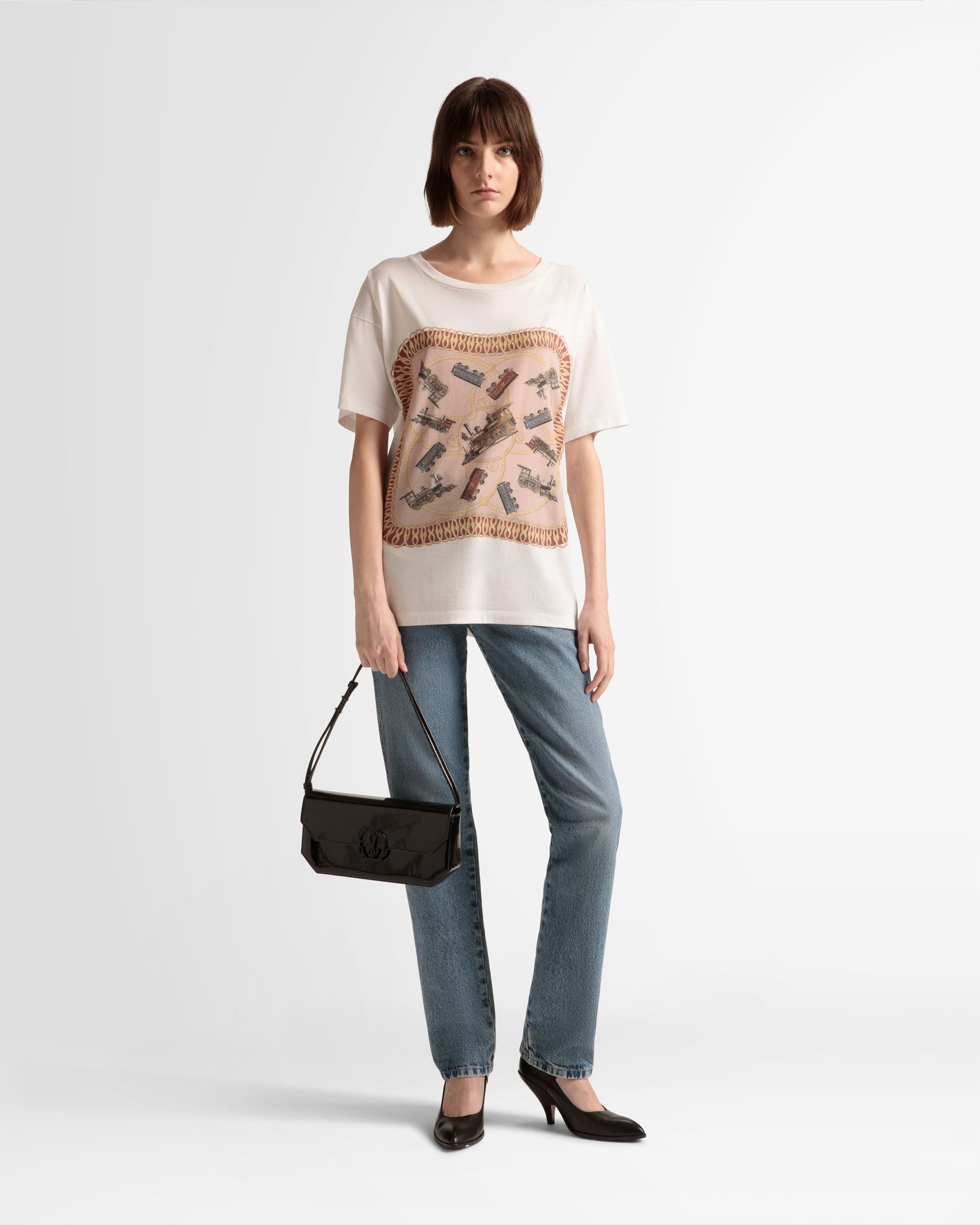 Train Print T-Shirt In White Cotton - Men's - Bally - 02