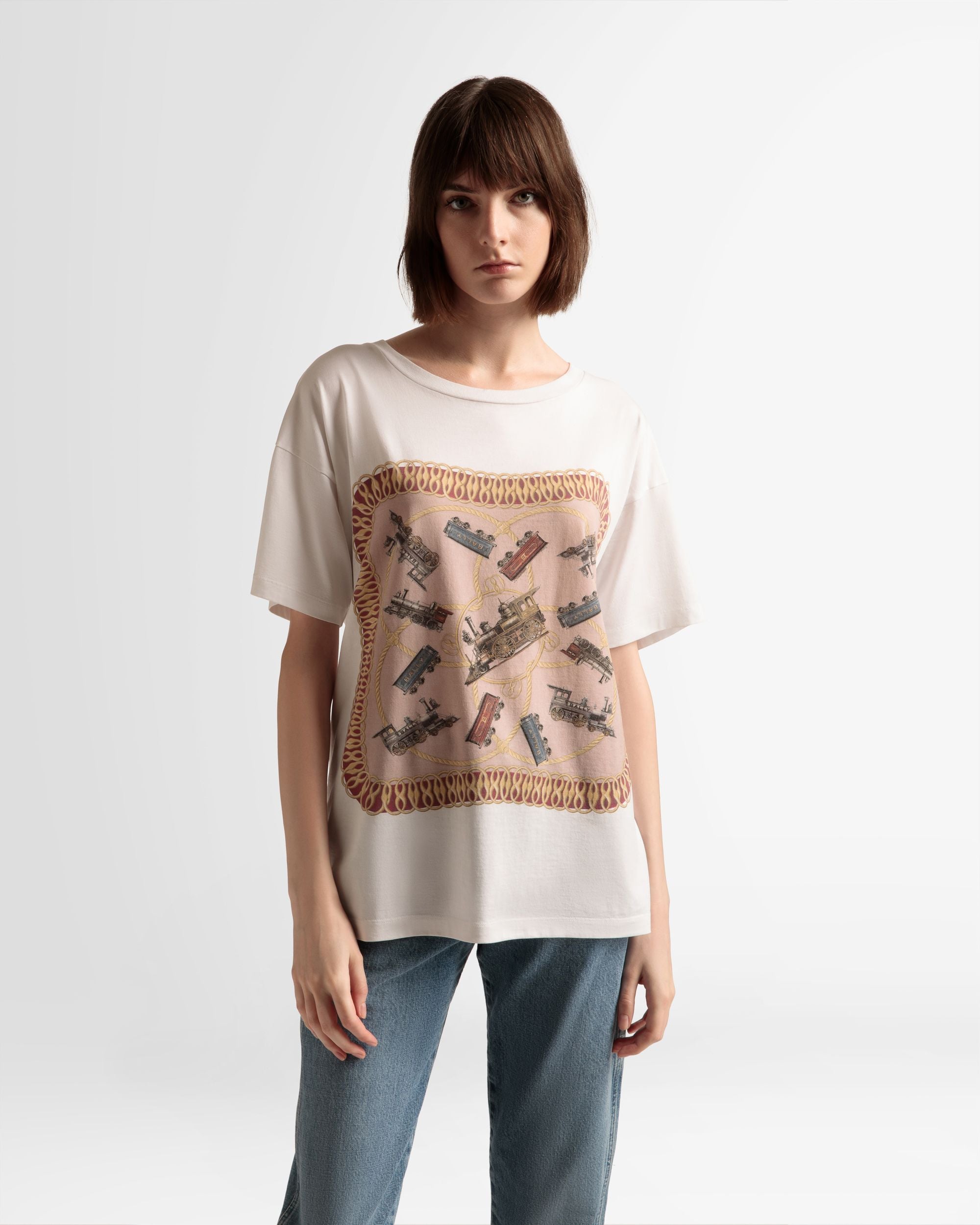 Train Print T-Shirt In White Cotton - Men's - Bally - 03