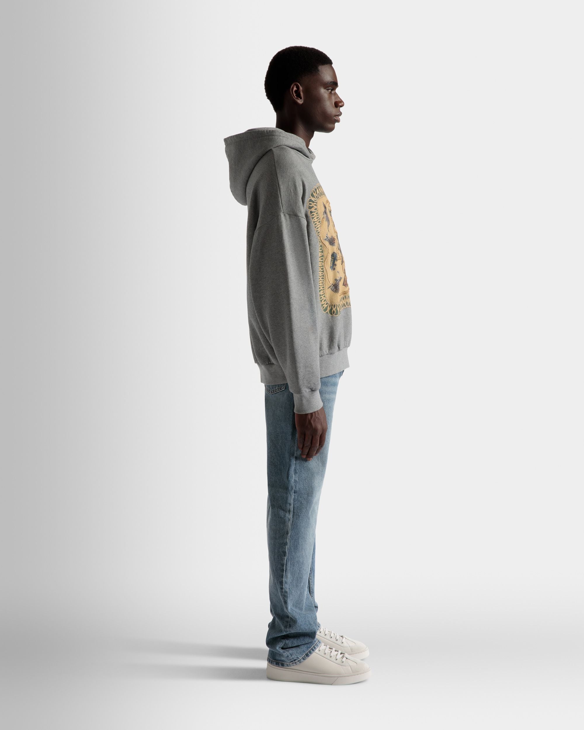 Train Print Hooded Sweatshirt In Gray Melange Cotton - Men's - Bally - 05