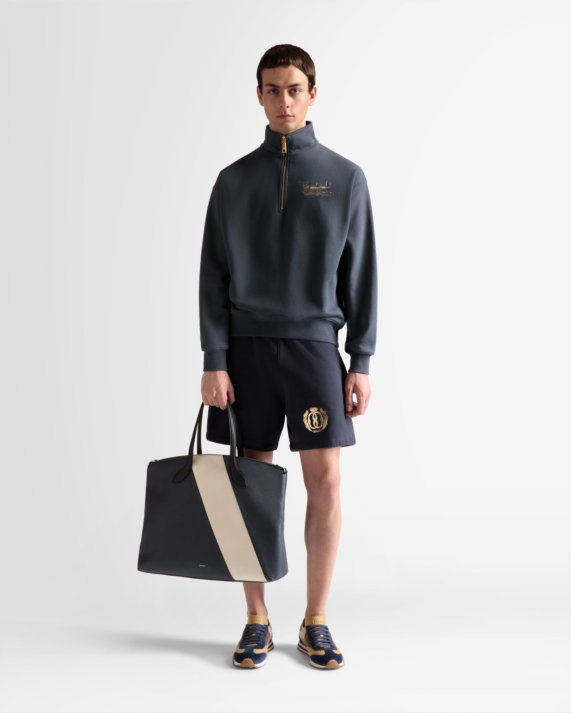Train Print Half-Zipper Sweatshirt In Stone Cotton - Men's - Bally - 02