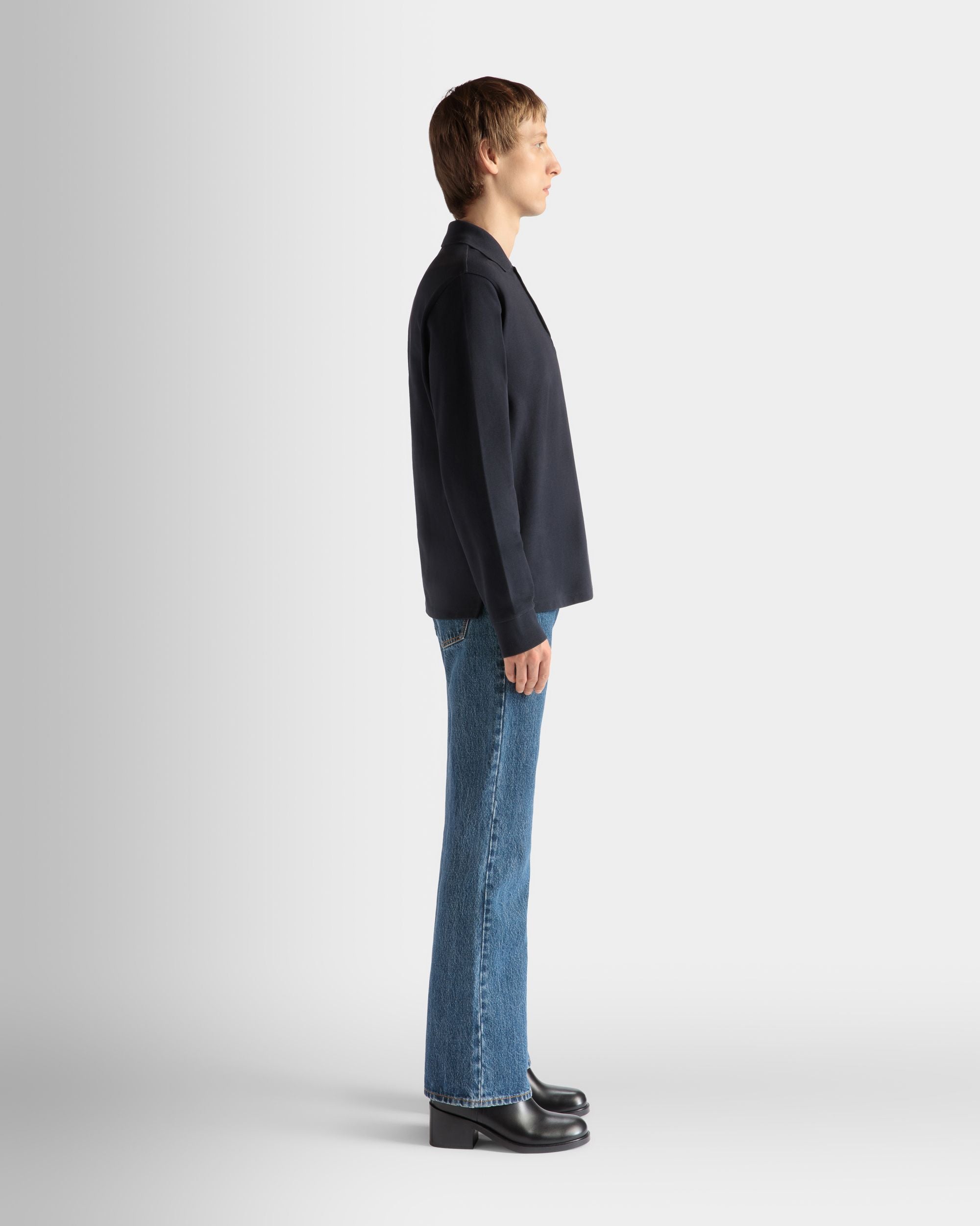 Long Sleeve Polo Shirt in Navy Blue Cotton - Men's - Bally - 05