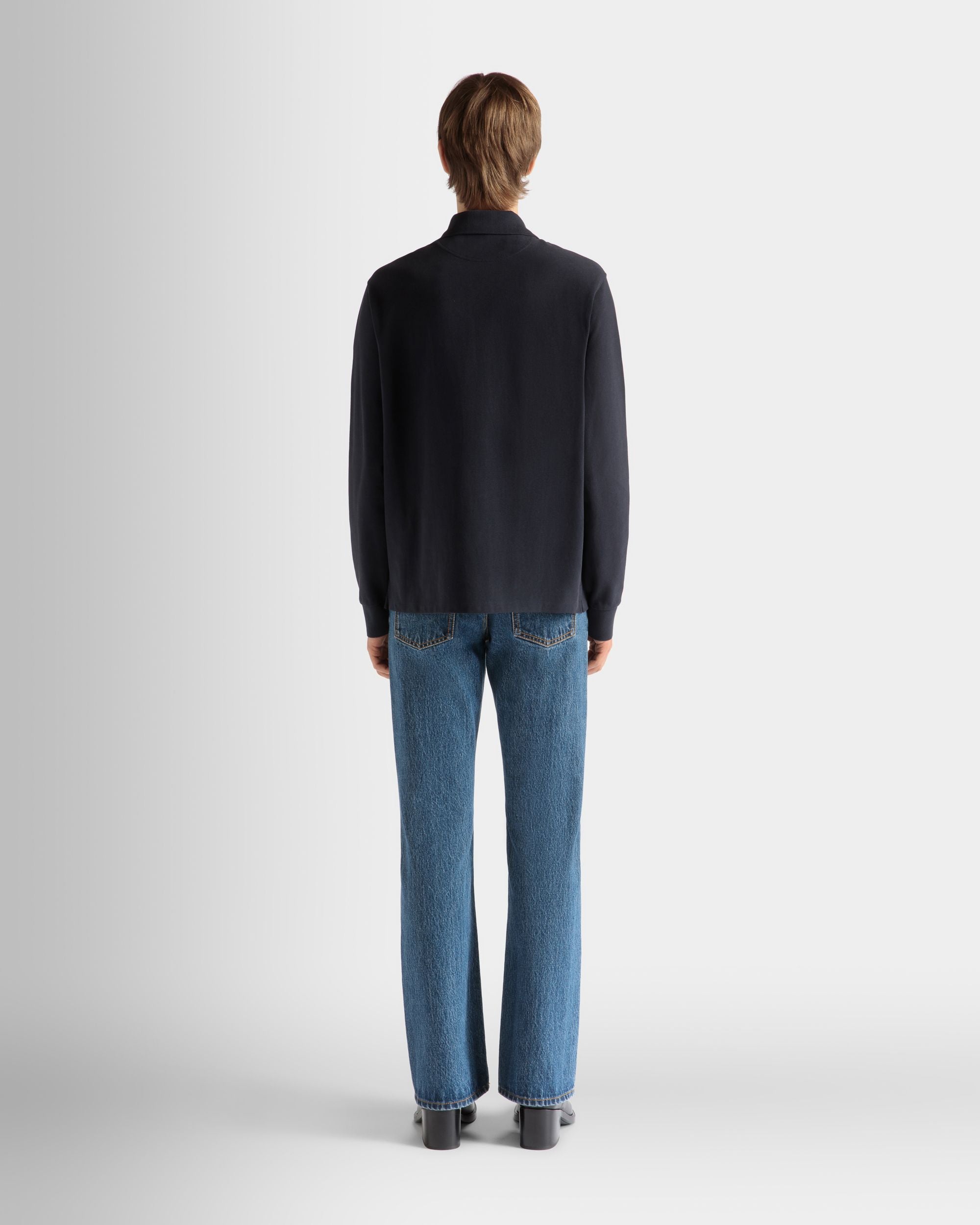 Long Sleeve Polo Shirt in Navy Blue Cotton - Men's - Bally - 06