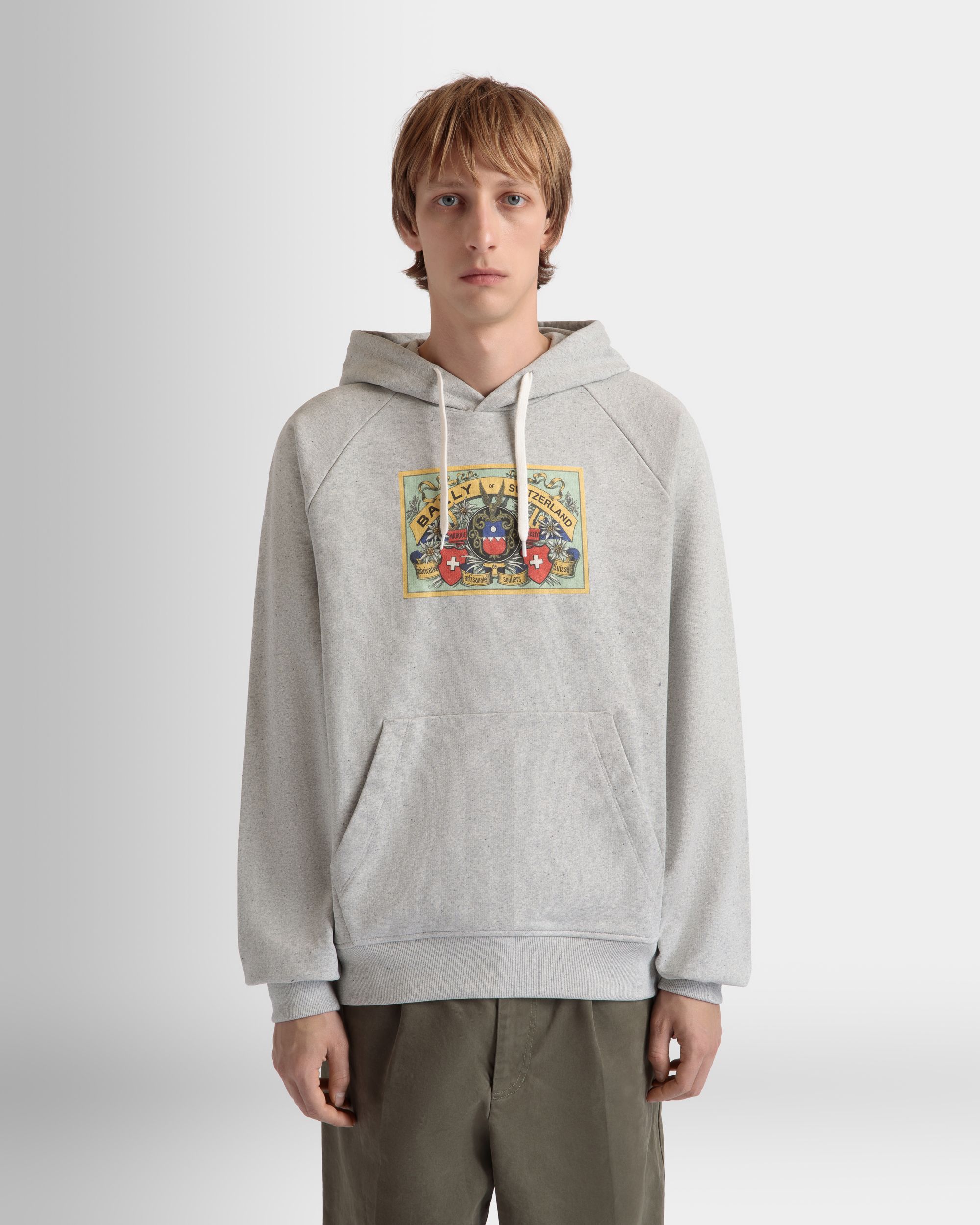 Hoodie With Bally Crest Label In Grey Melange Cotton - Men's - Bally - 03