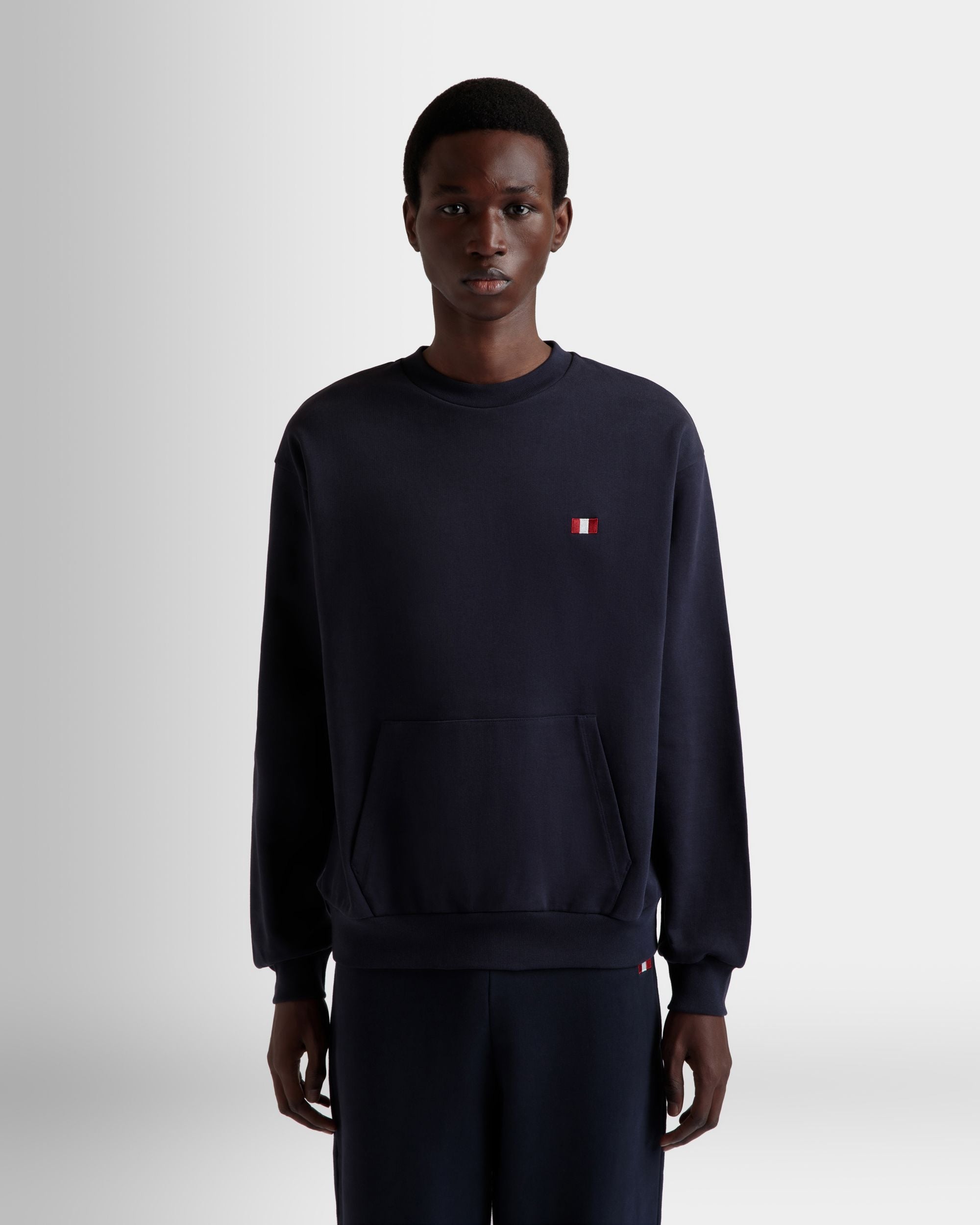 Crewneck Sweatshirt With a Bally Flag in Navy Blue Cotton - Men's - Bally - 08