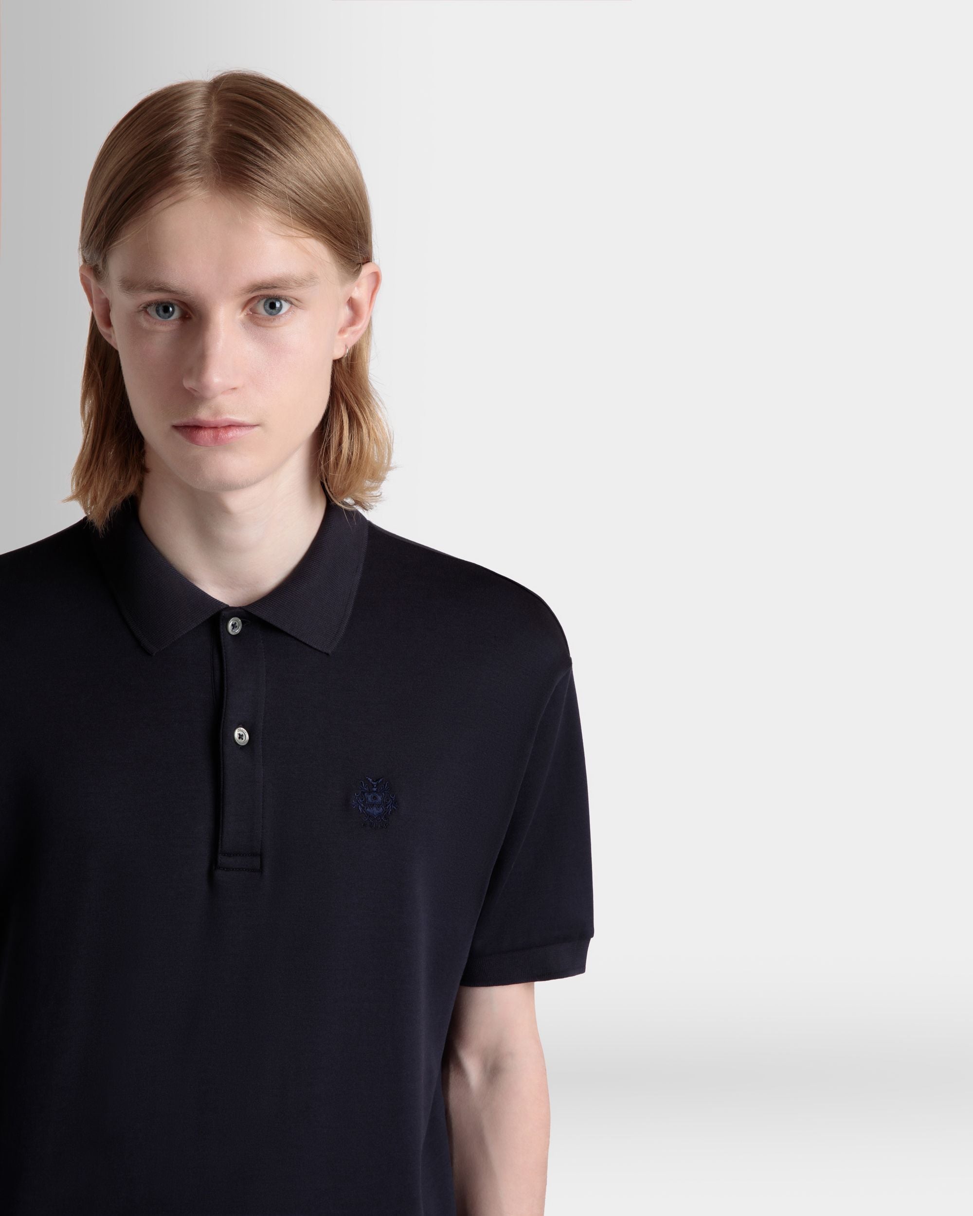 Short Sleeve Polo With a Bally Crest Logo in a Navy Blue Cotton Silk Blend - Men's - Bally - 03