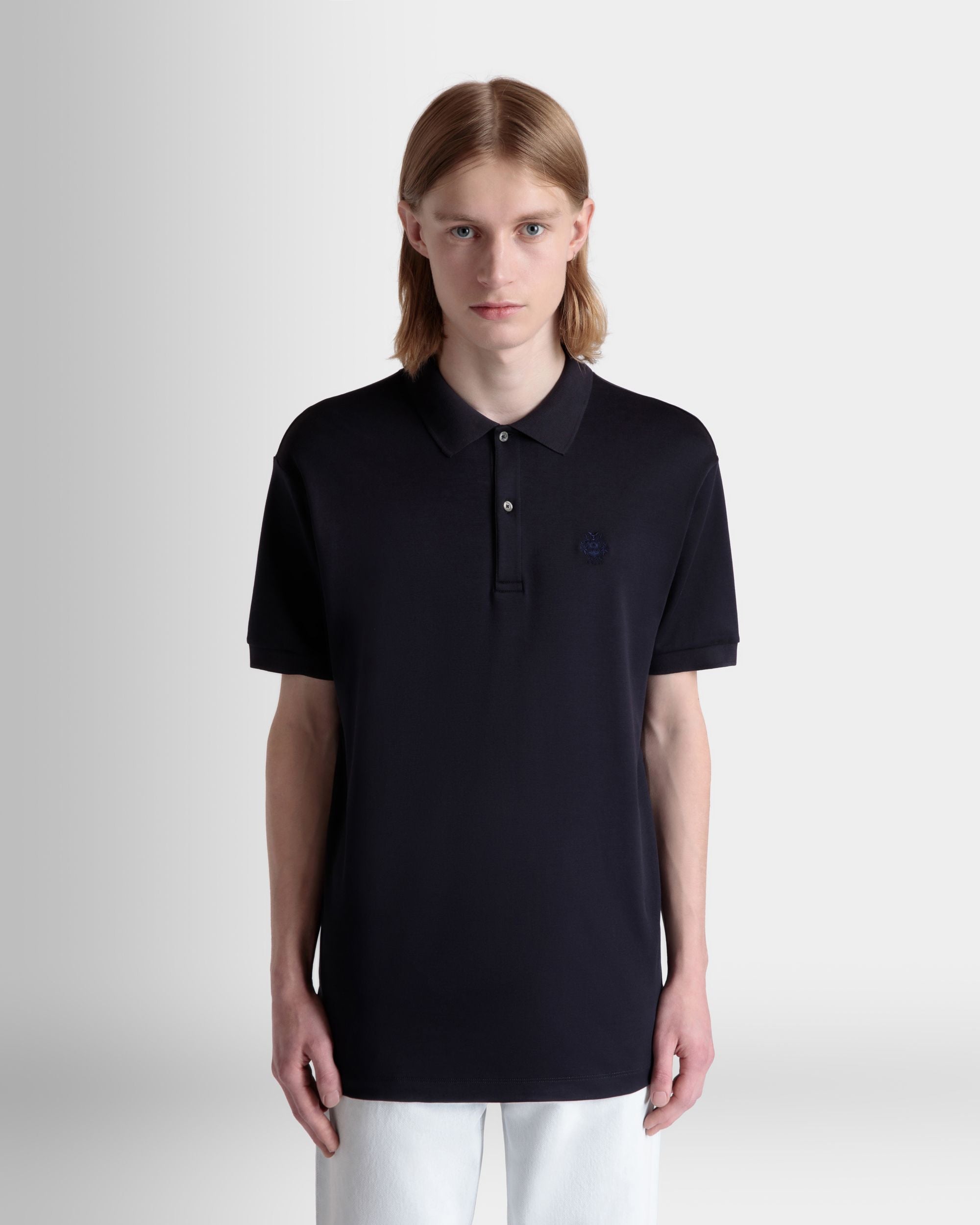 Short Sleeve Polo With a Bally Crest Logo in a Navy Blue Cotton Silk Blend - Men's - Bally - 09
