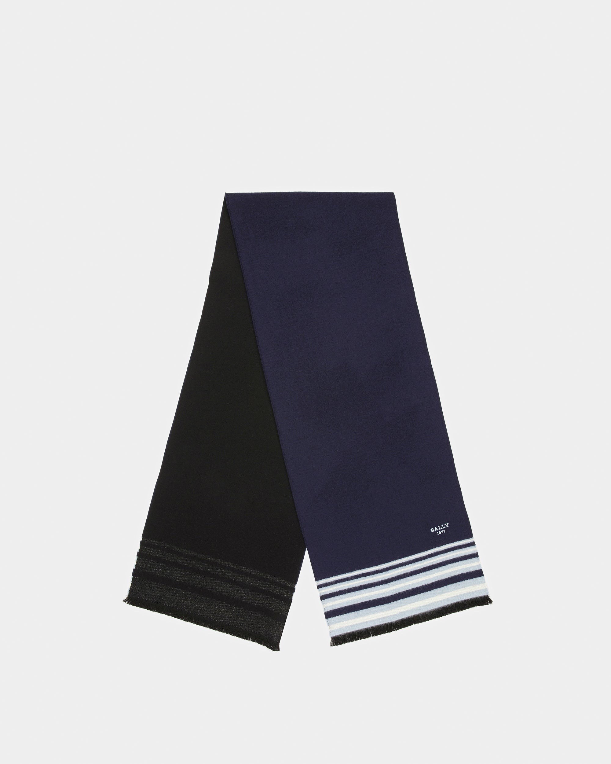 Wool Stripe Pattern Scarf In Navy - Men's - Bally - 01