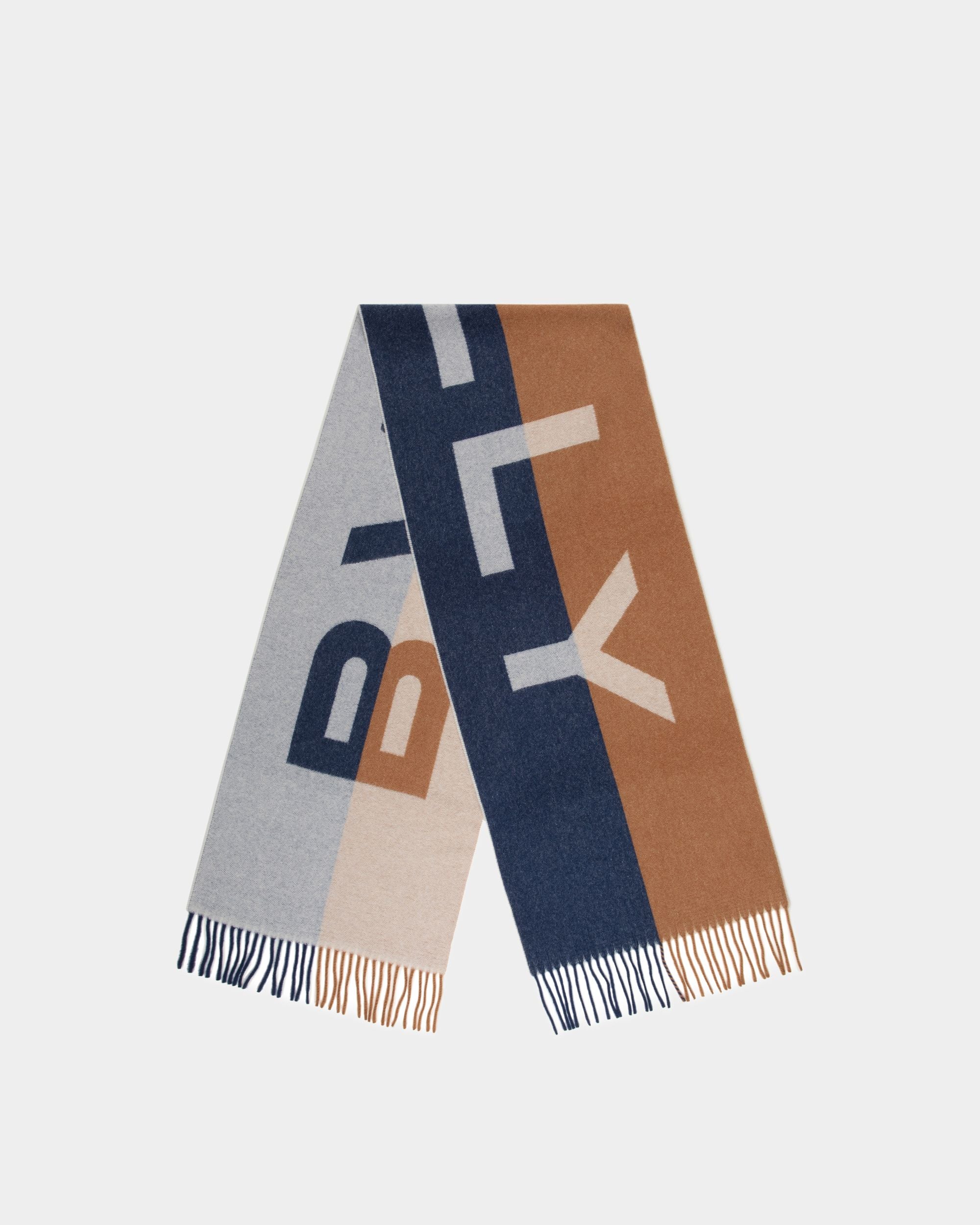 Scarf with a Bally Logo in Brown and Navy Blue Wool - Men's - Bally - 01