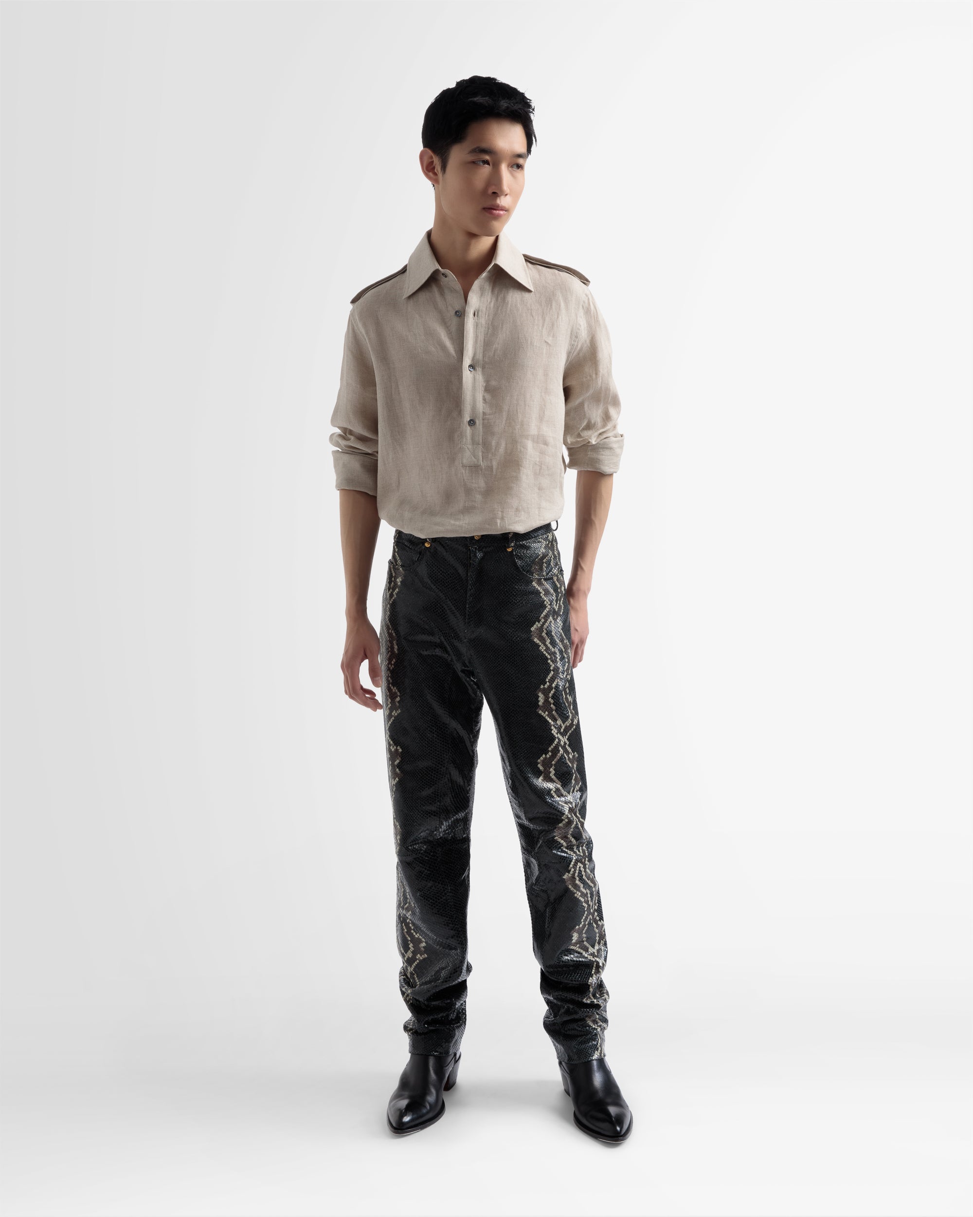 Half Button Shirt In Beige Linen - Men's - Bally - 01