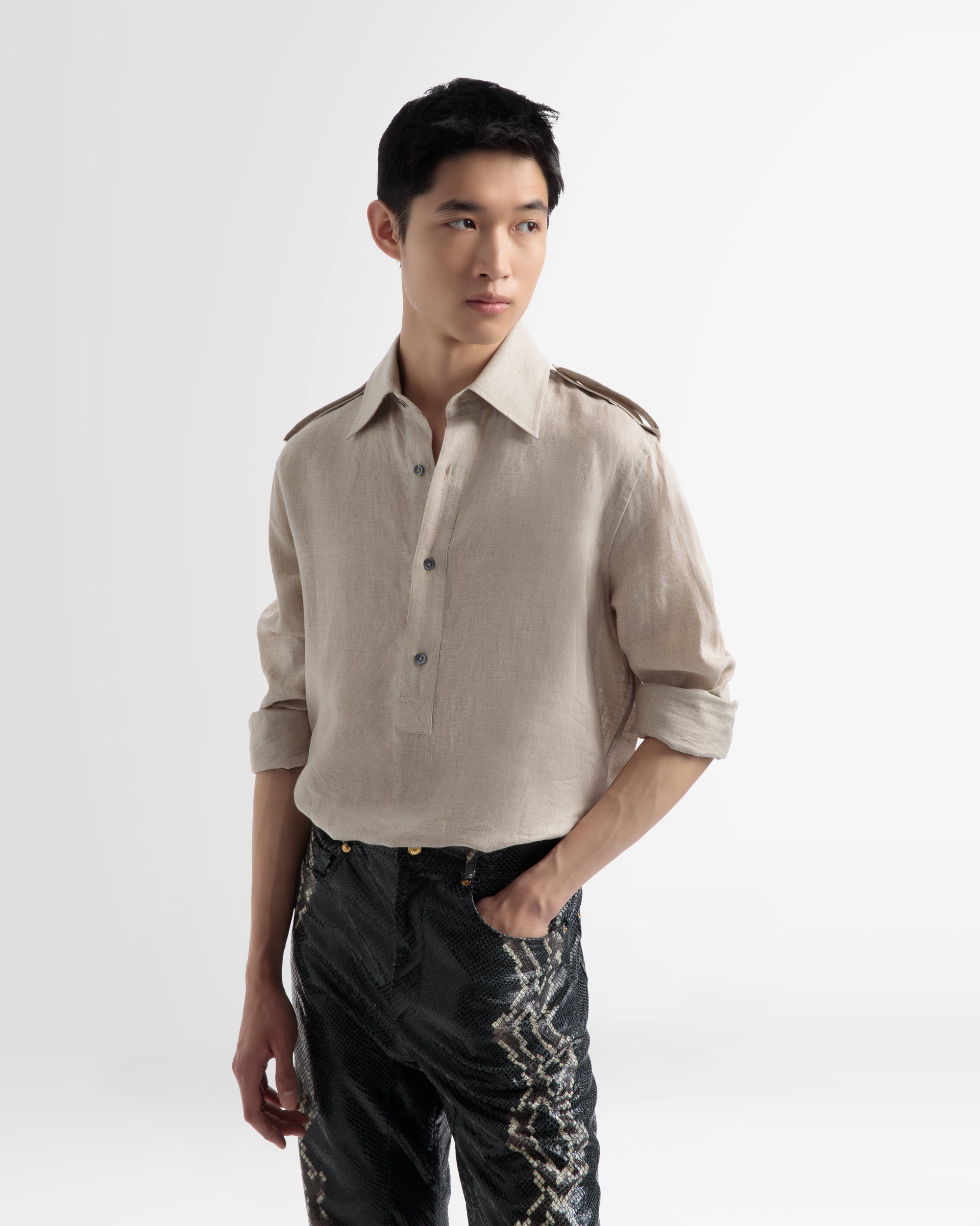 Half Button Shirt In Beige Linen - Men's - Bally - 02