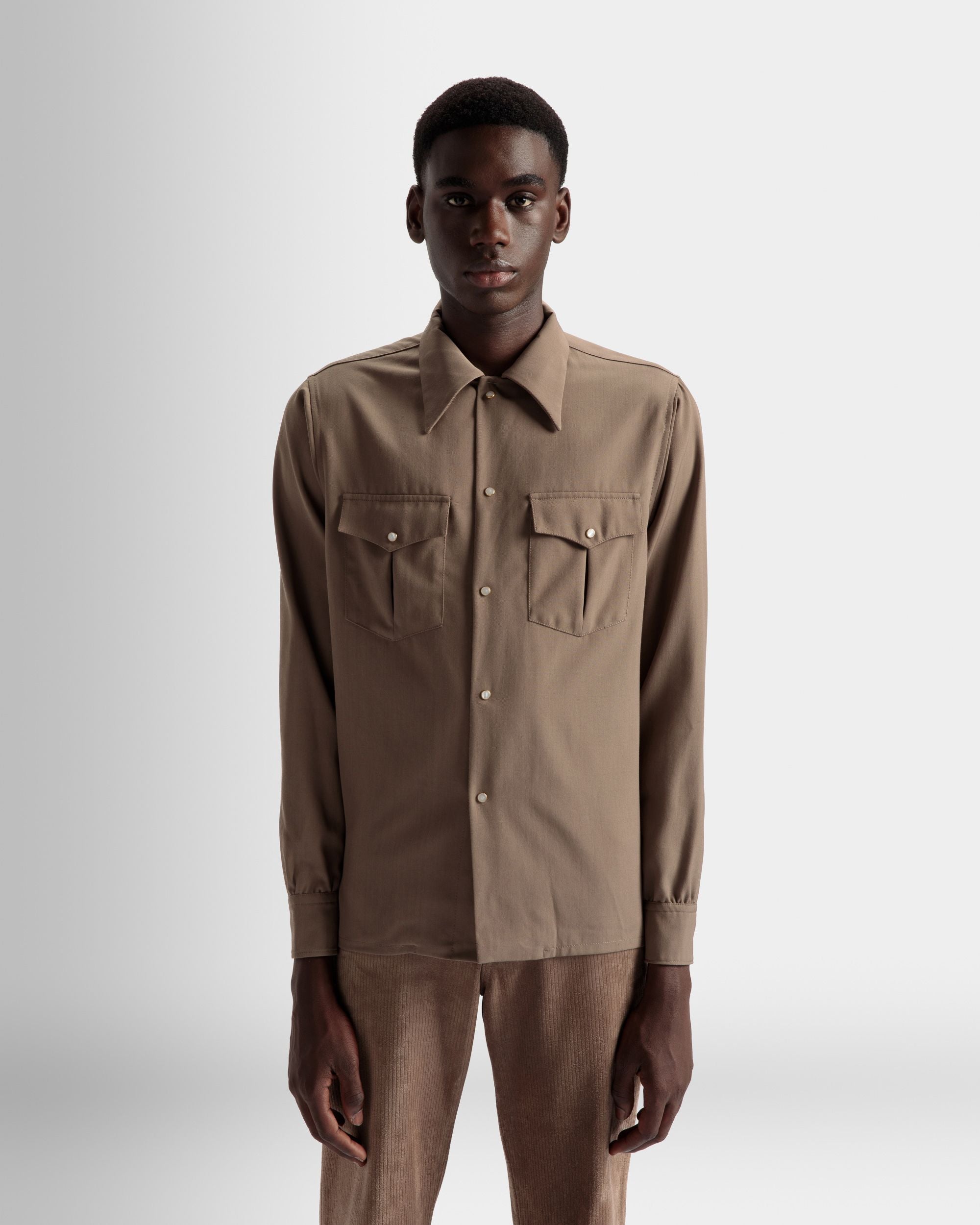 Pointed Collar Shirt In Sepia Wool Mix - Men's - Bally - 03