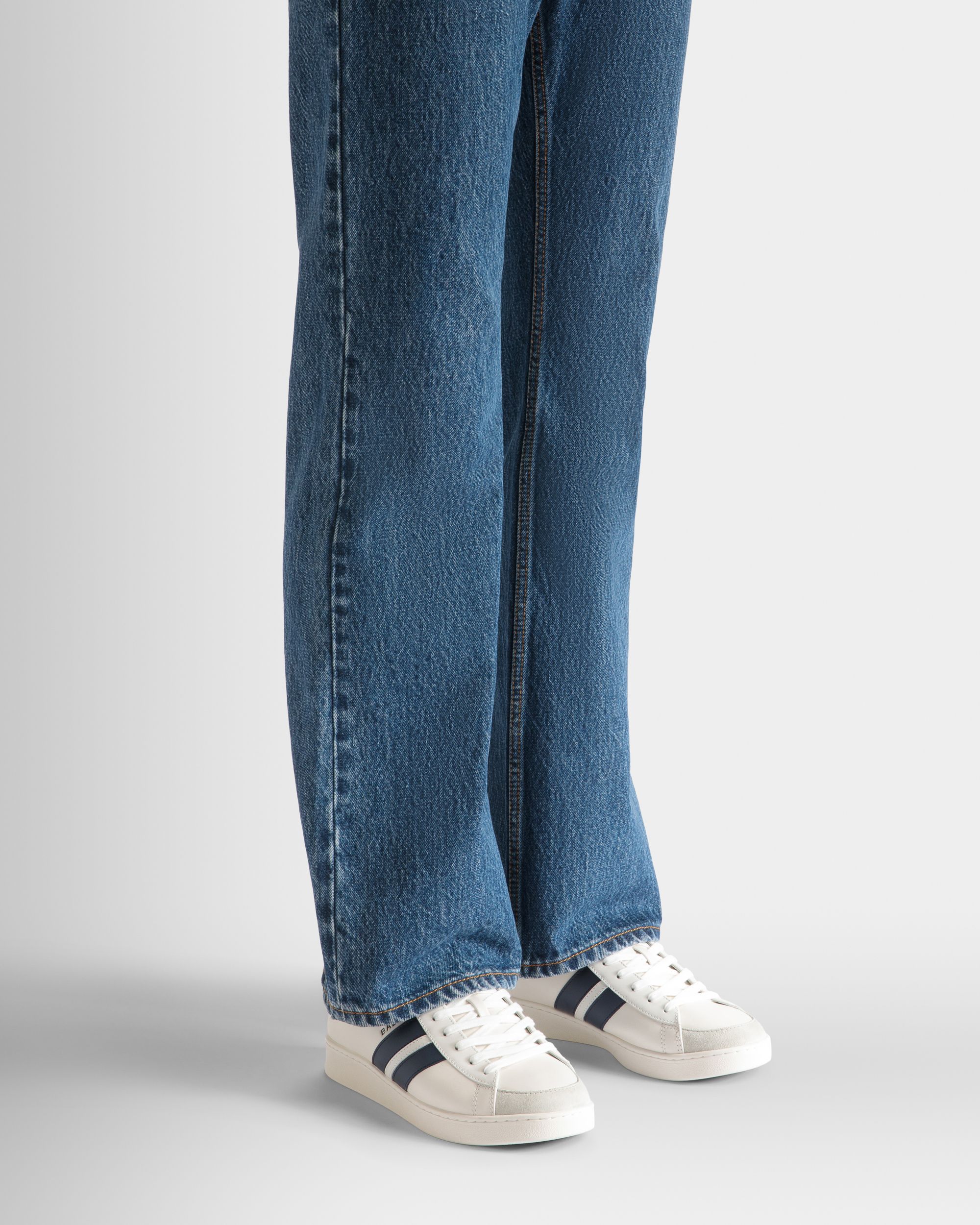 Tennis Sneaker in White and Navy Blue Leather - Men's - Bally - 02