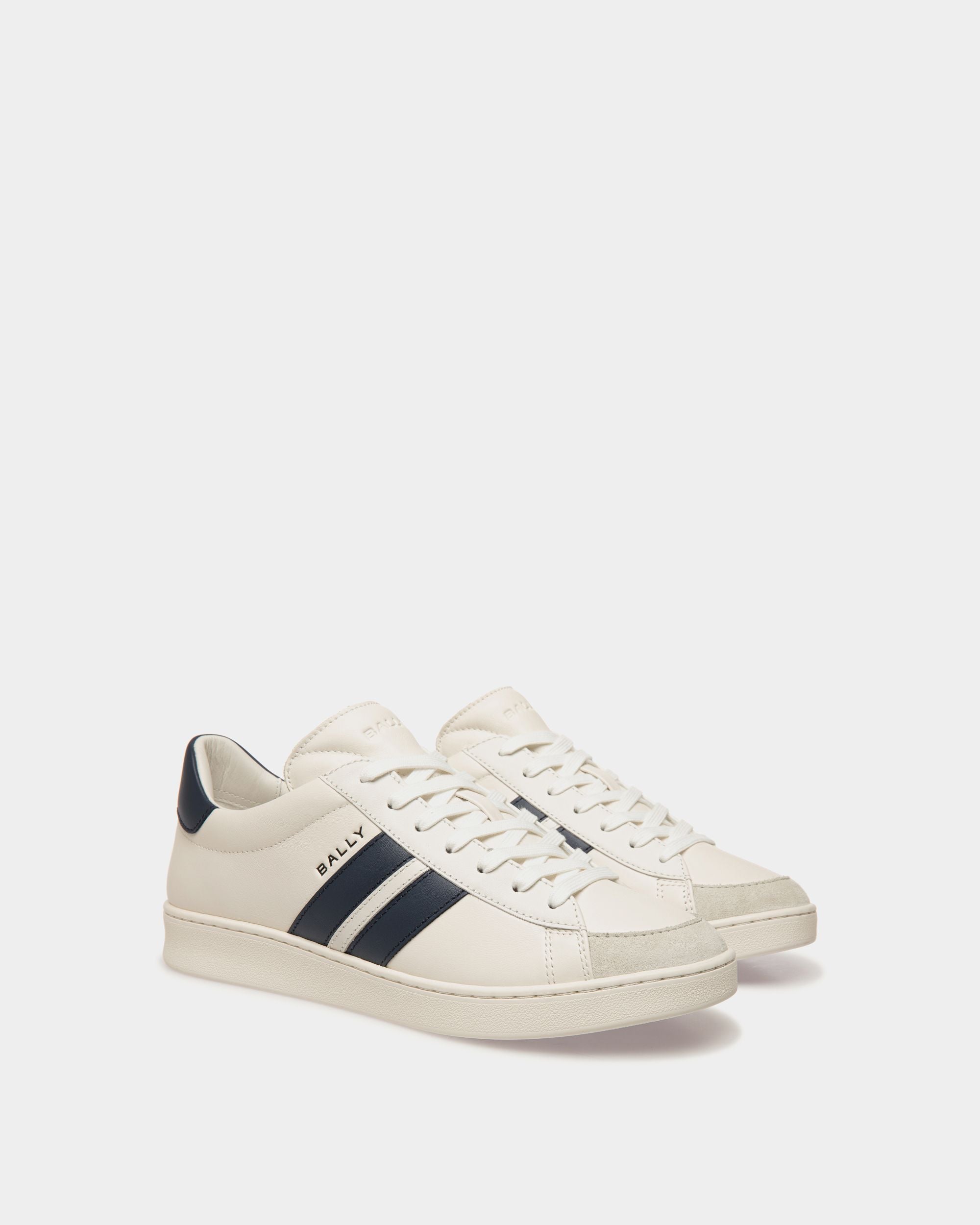 Tennis Sneaker in White and Navy Blue Leather - Men's - Bally - 03
