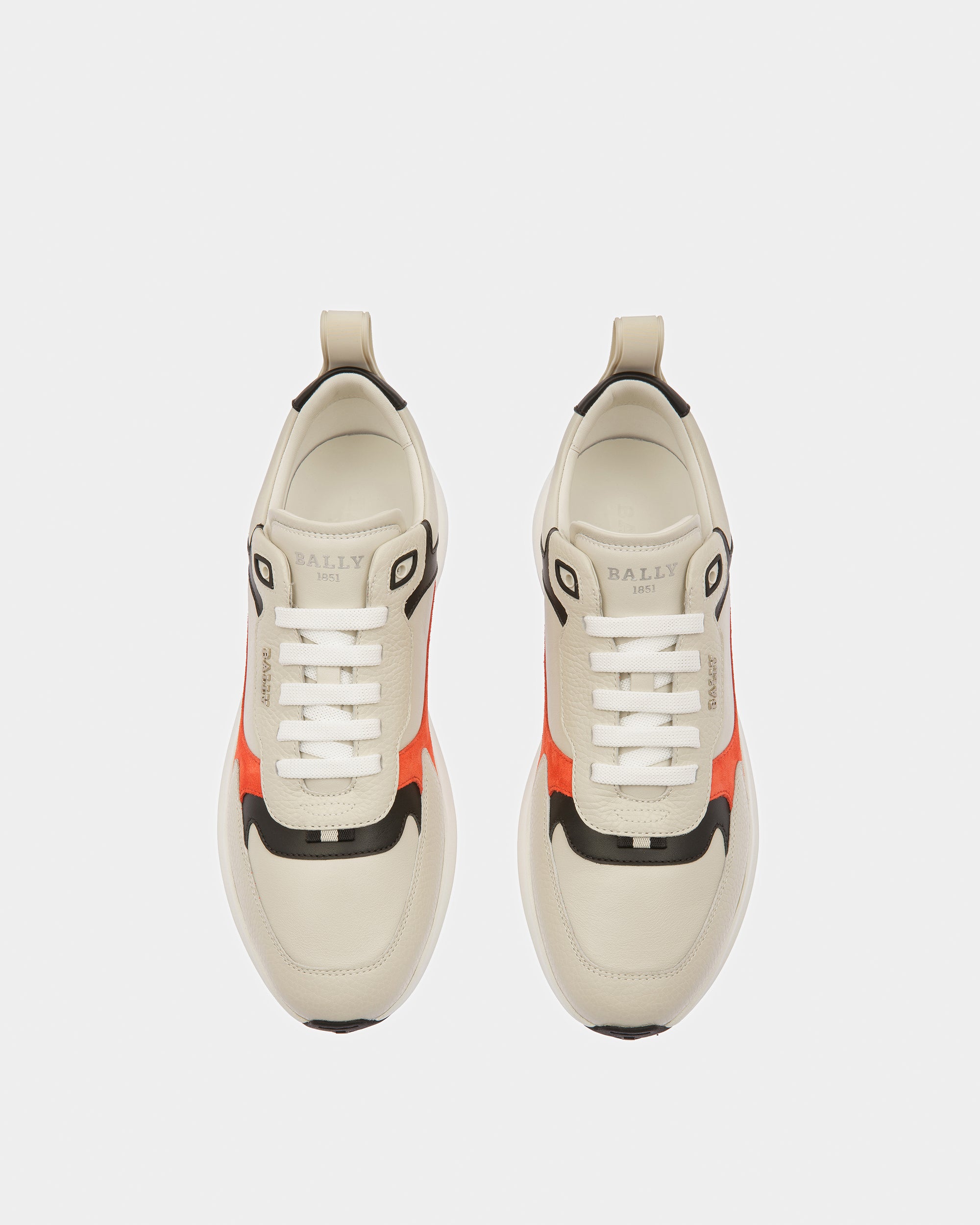 Dave Leather And Fabric Sneakers In Dusty White And Orange - Men's - Bally - 02