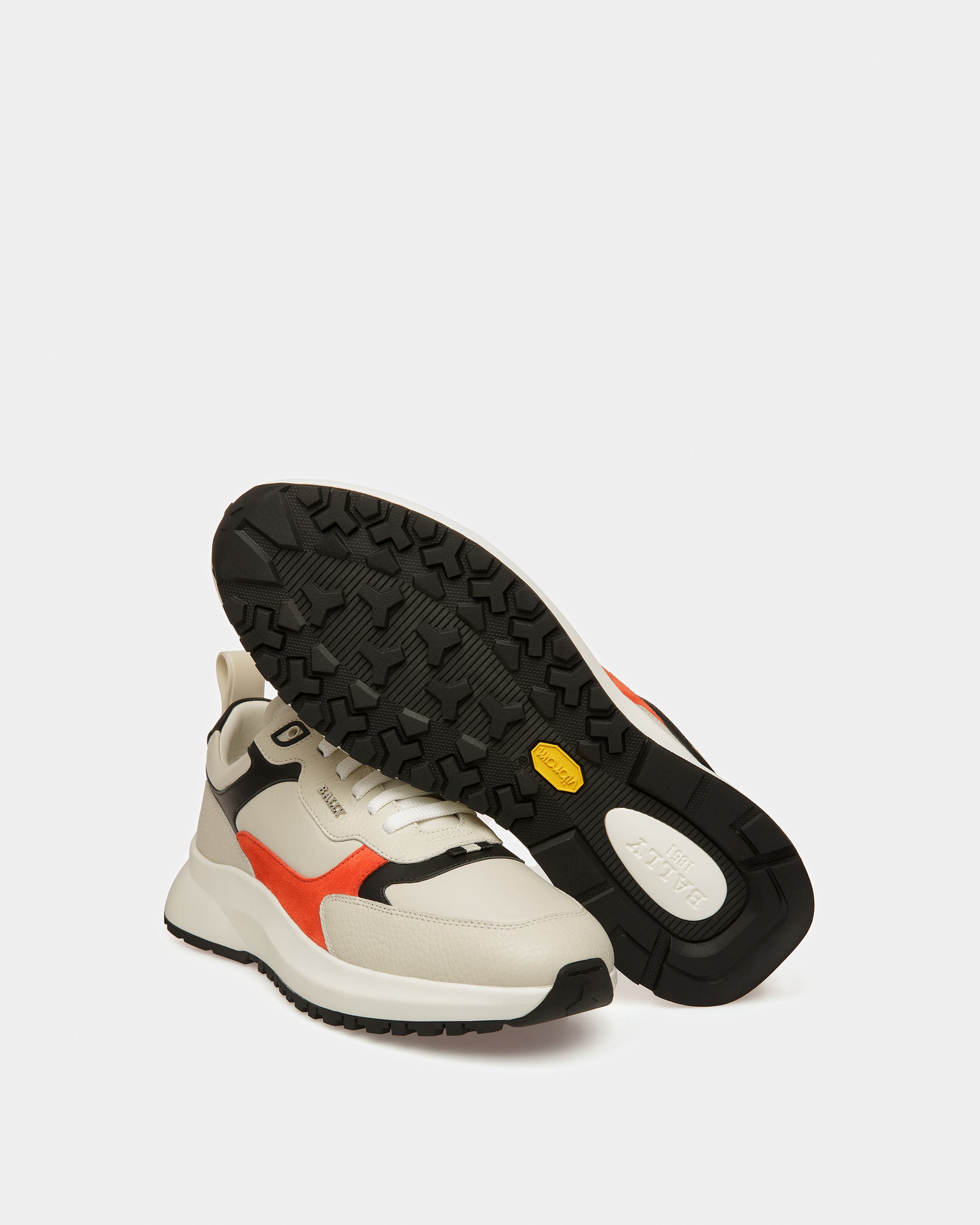 Dave Leather And Fabric Sneakers In Dusty White And Orange - Men's - Bally - 04