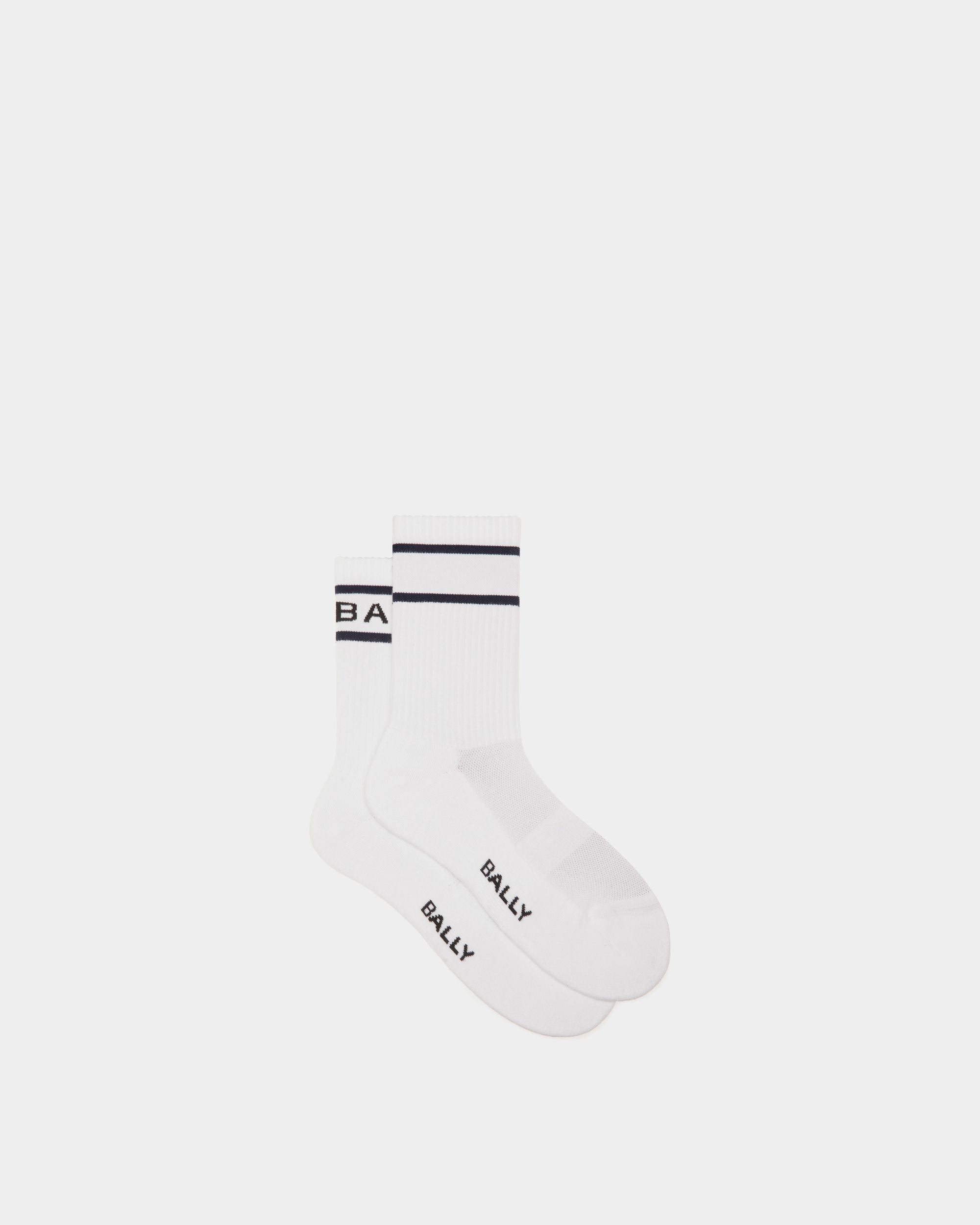 Stripe Socks in White and Navy Blue Cotton - Men's - Bally - 01