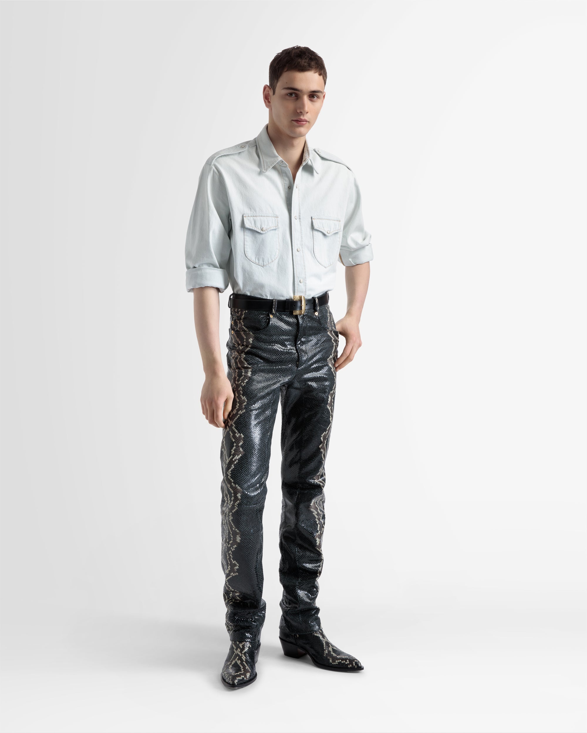 Straight Pants In Black Printed Leather - Men's - Bally - 02