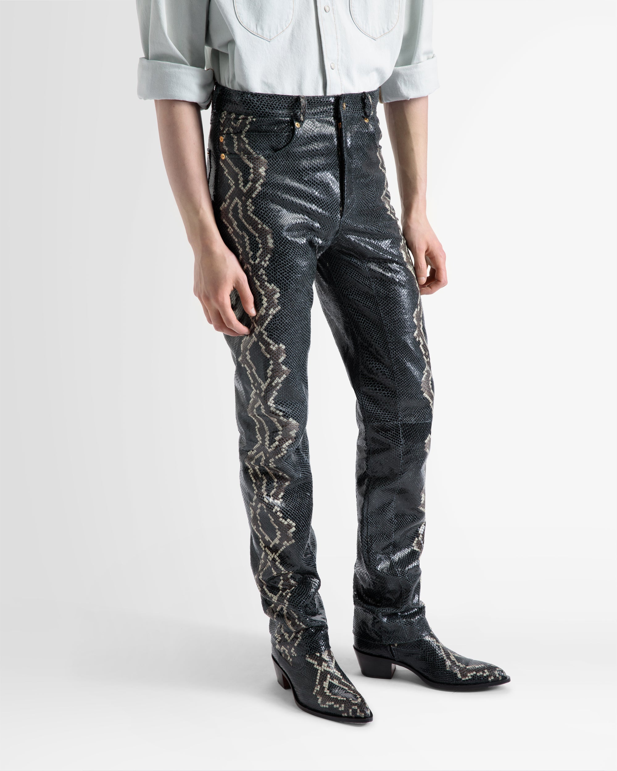 Straight Pants In Black Printed Leather - Men's - Bally - 03