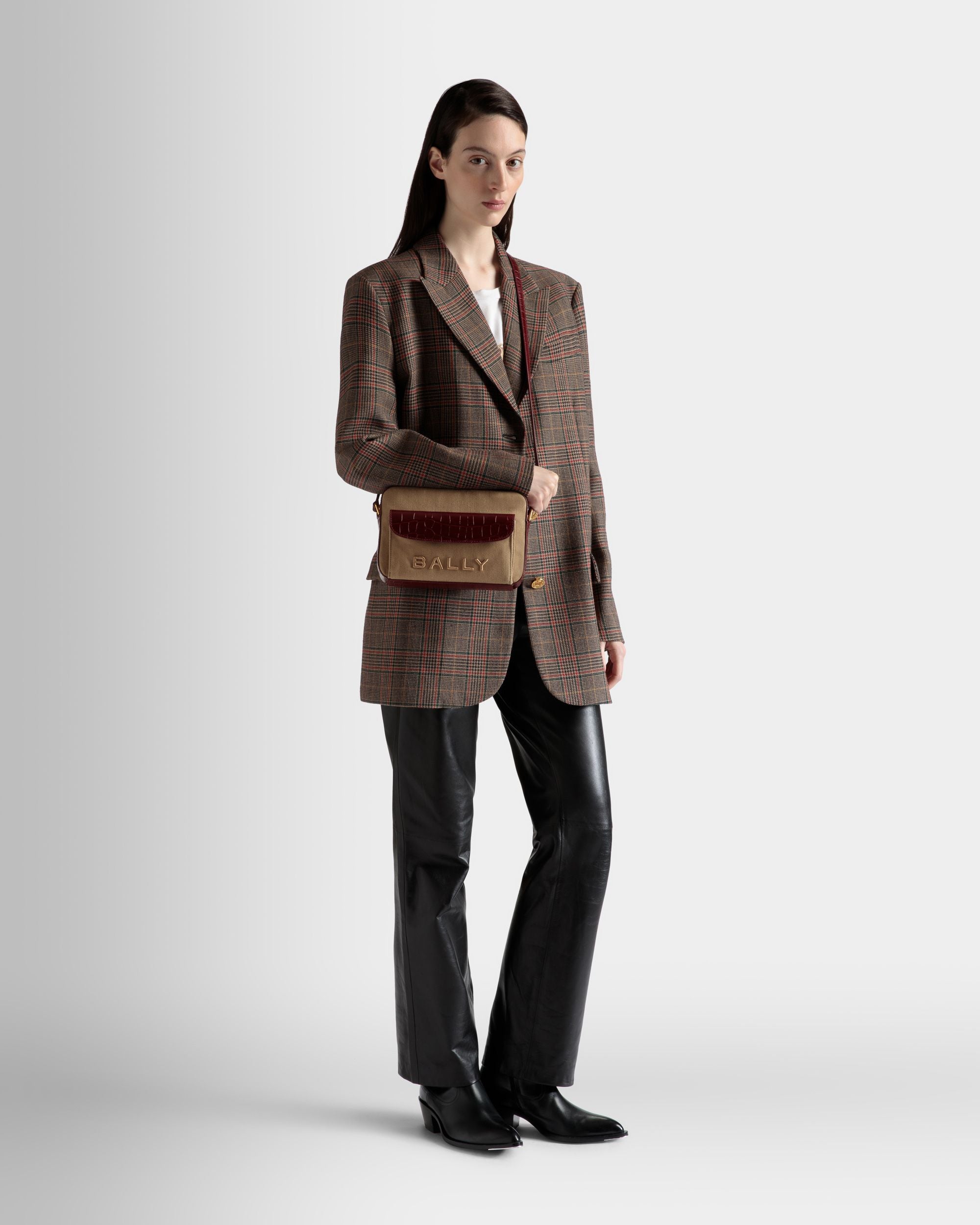 Bar Crossbody Bag In Sand And Burgundy Fabric - Women's - Bally - 02