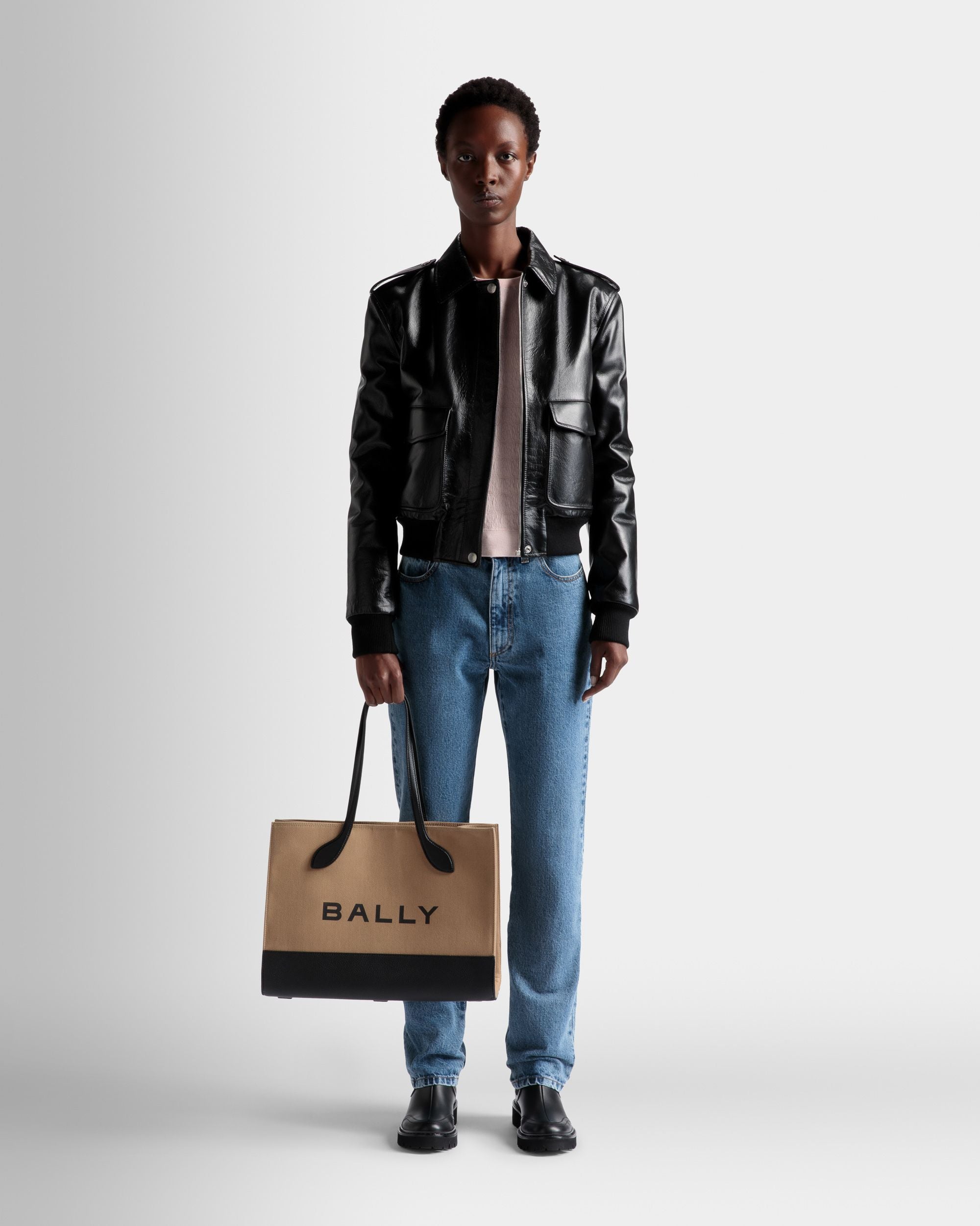 Bar Tote Bag In Sand And Black Fabric - Women's - Bally - 02