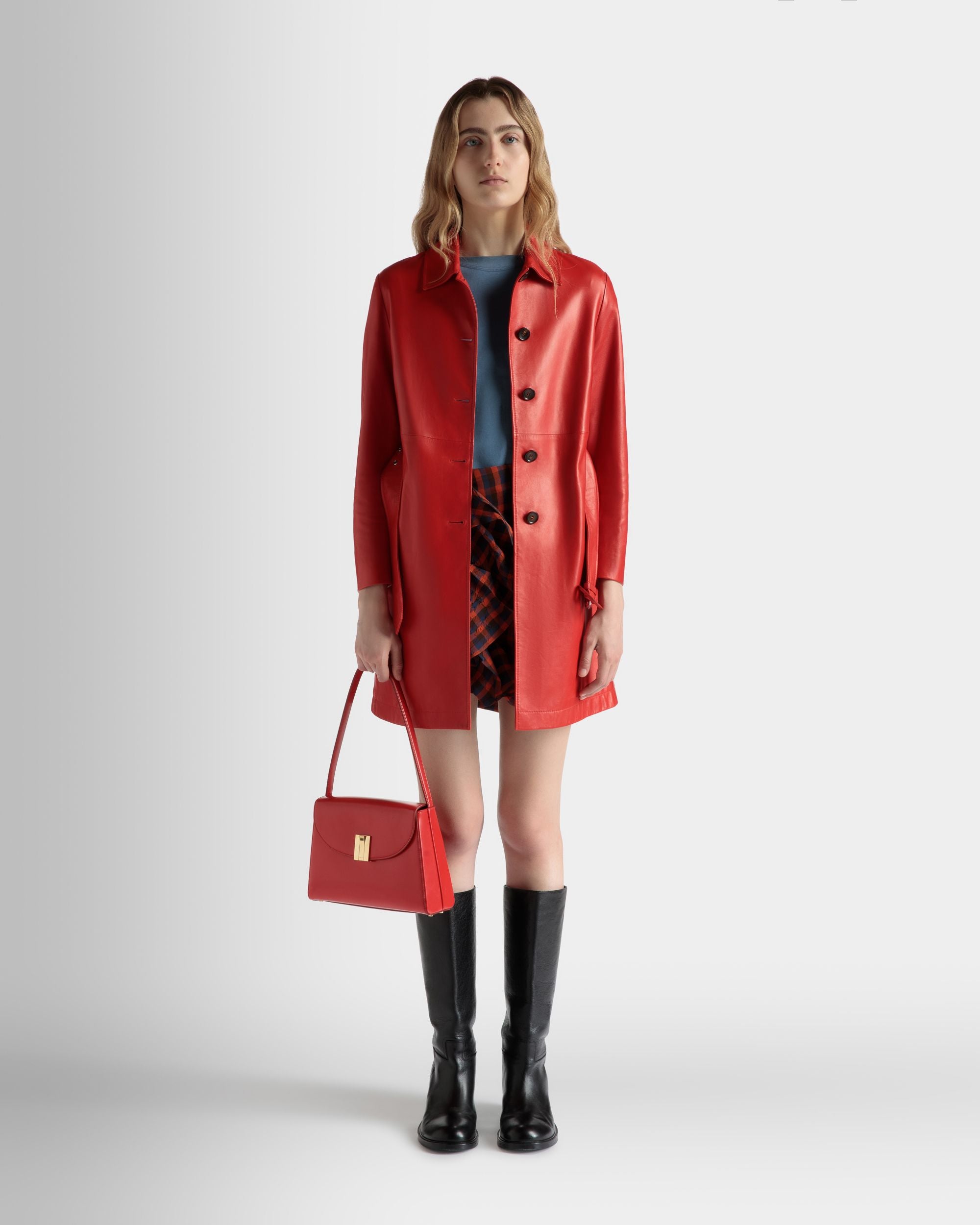 Ollam Shoulder Bag in Candy Red Brushed Leather - Women's - Bally - 02
