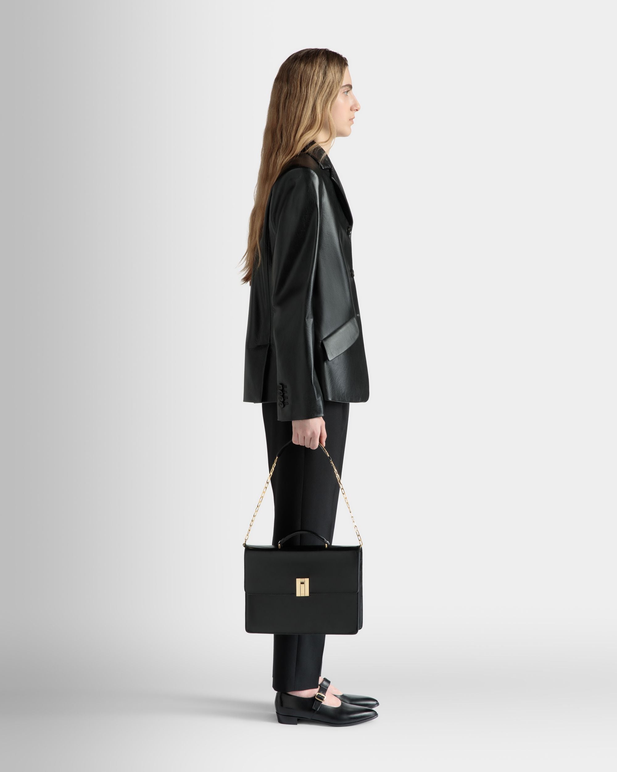 Ollam Top Handle Bag in Black Brushed Leather - Women's - Bally - 02