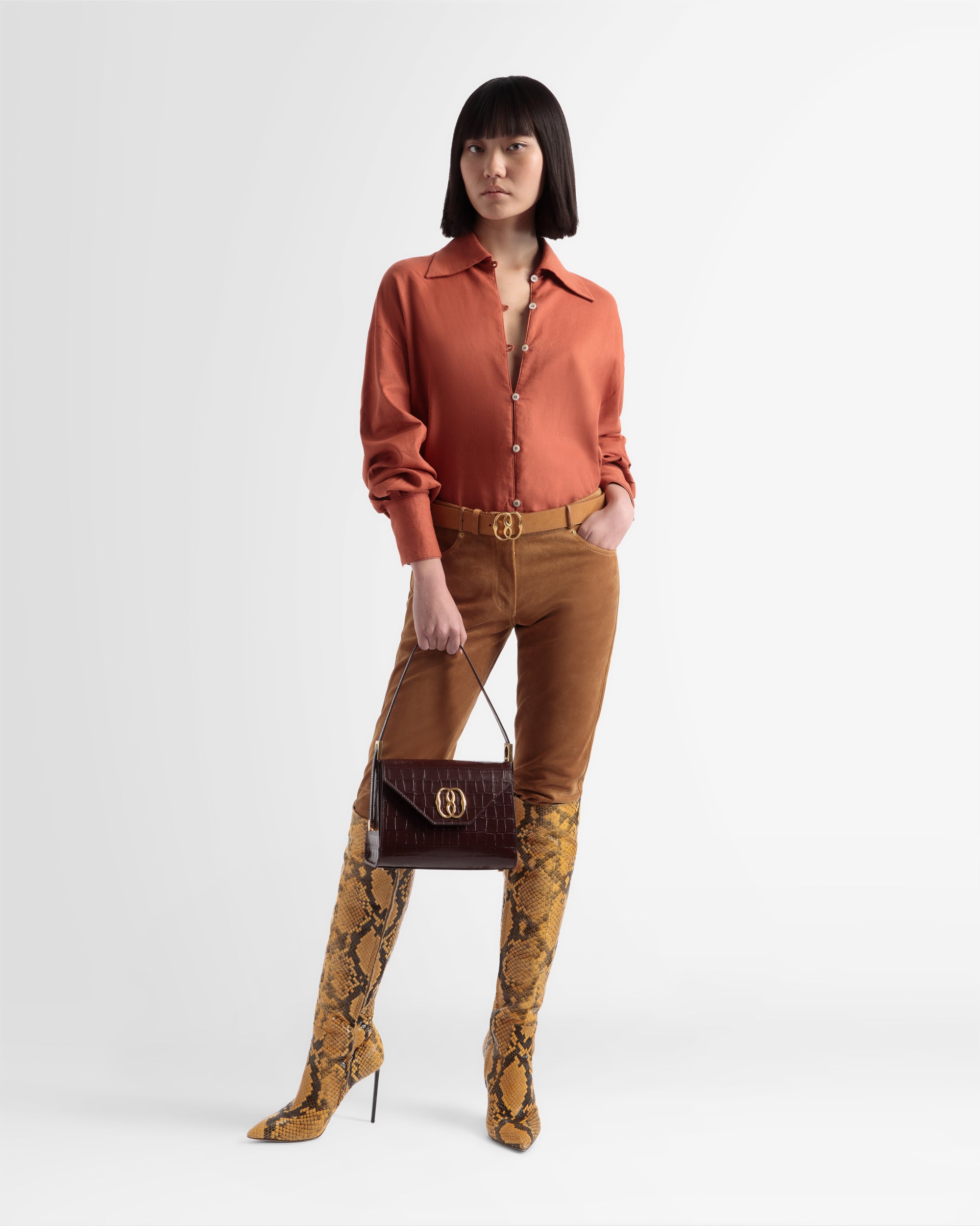Emblem Top Handle In Crocodile Embossed Leather - Women's - Bally - 02
