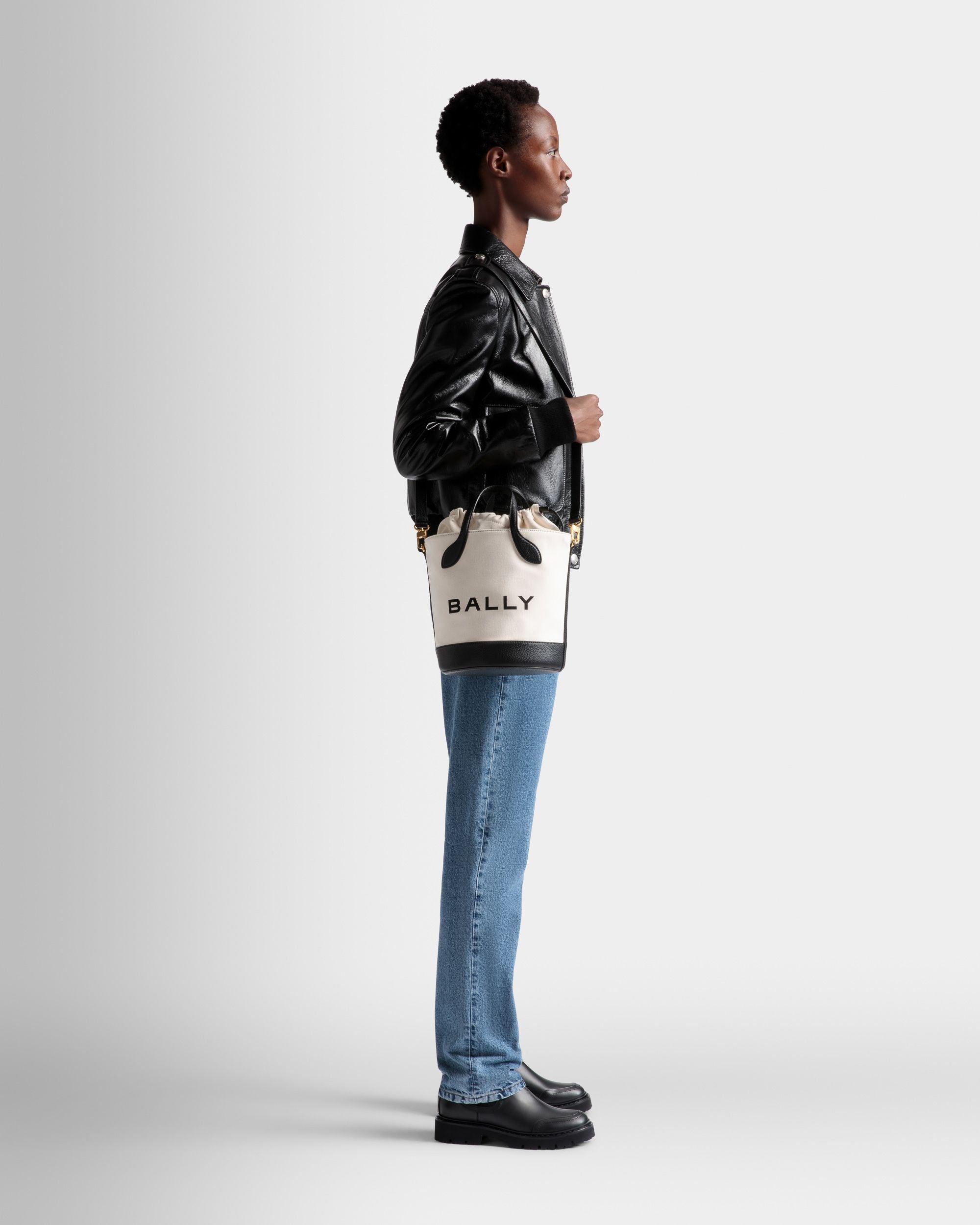 Bar Bucket Bag In Natural And Black Fabric - Women's - Bally - 02